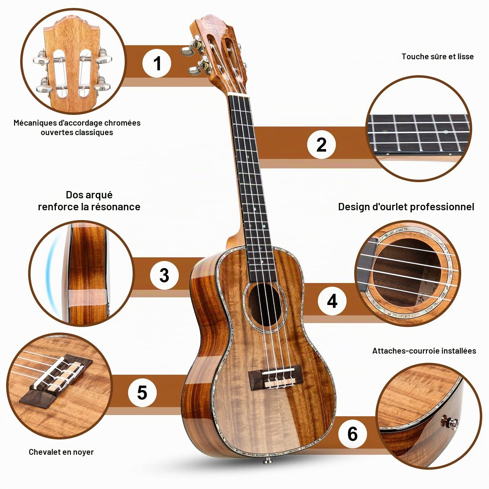Ukulélé de concert 23 pouces brillant Ukulélés Koa Wood(23 Acacia)