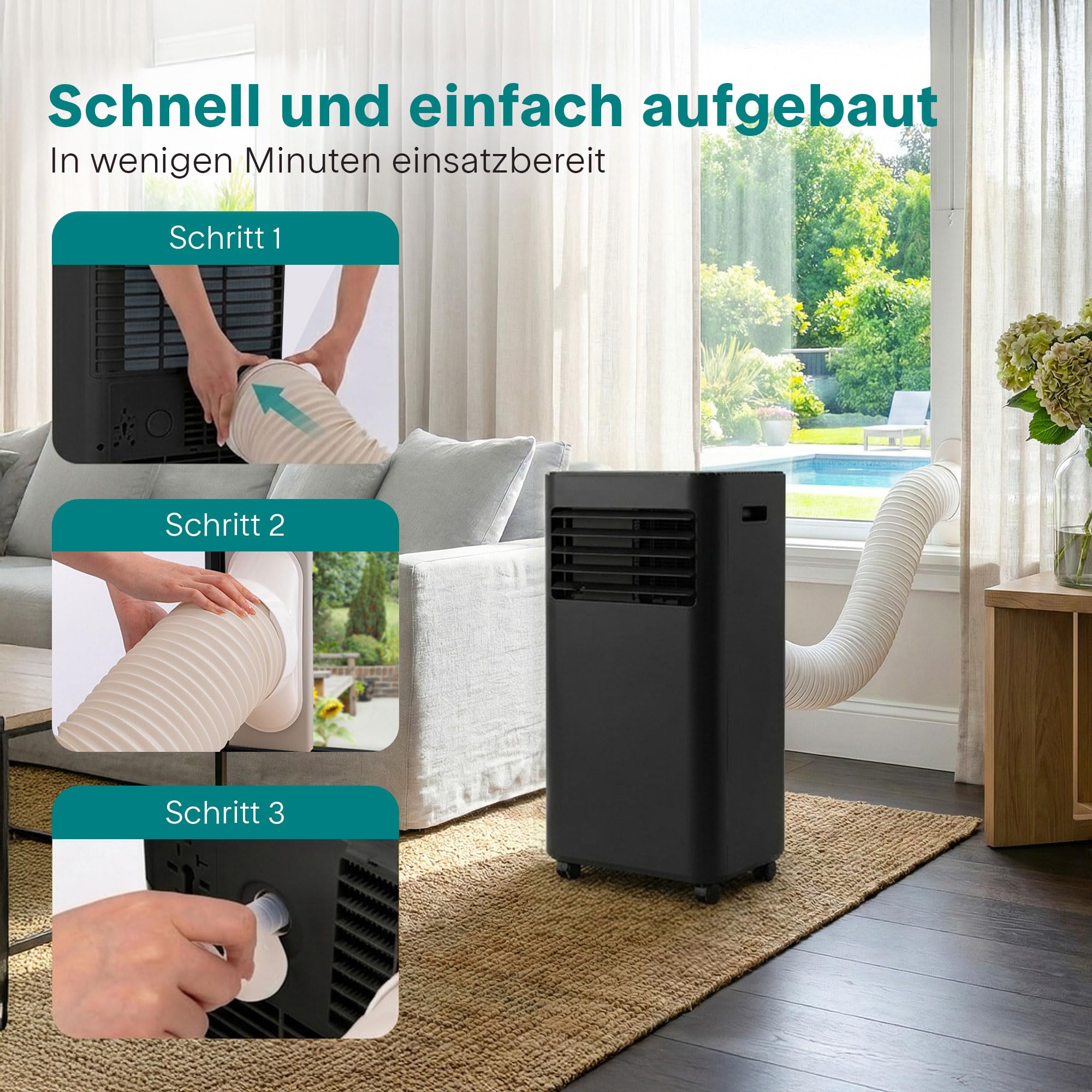 SereneLife Schwarz Mobiles Klimagerät 9000 BTU 2,64kW für 28 m² – Air Conditioner mit Abluftschlauch, 3-in-1 mit Entfeuchter und Ventilator, Leise 54 dB, inkl. Fensterkit und Fernbedienung