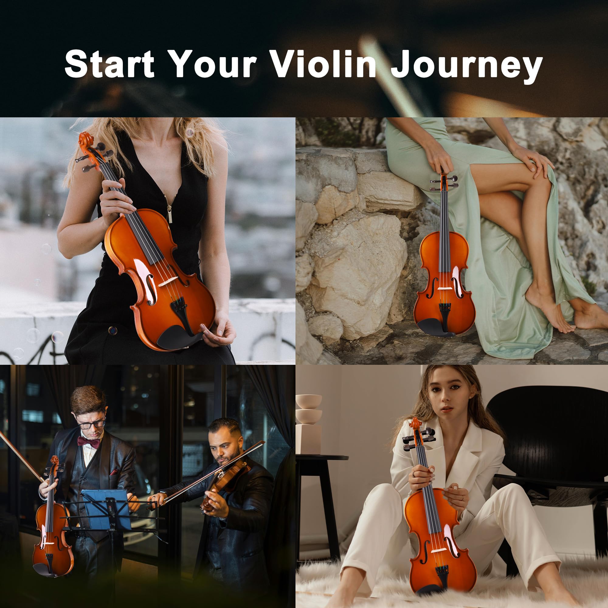 ADM Violino acustico per principianti 4/4, set di violino in legno massello di ebano, per adulti, adolescenti, studenti, starter kit con custodia rigida, spalliera, arco, leggio musicale, corde