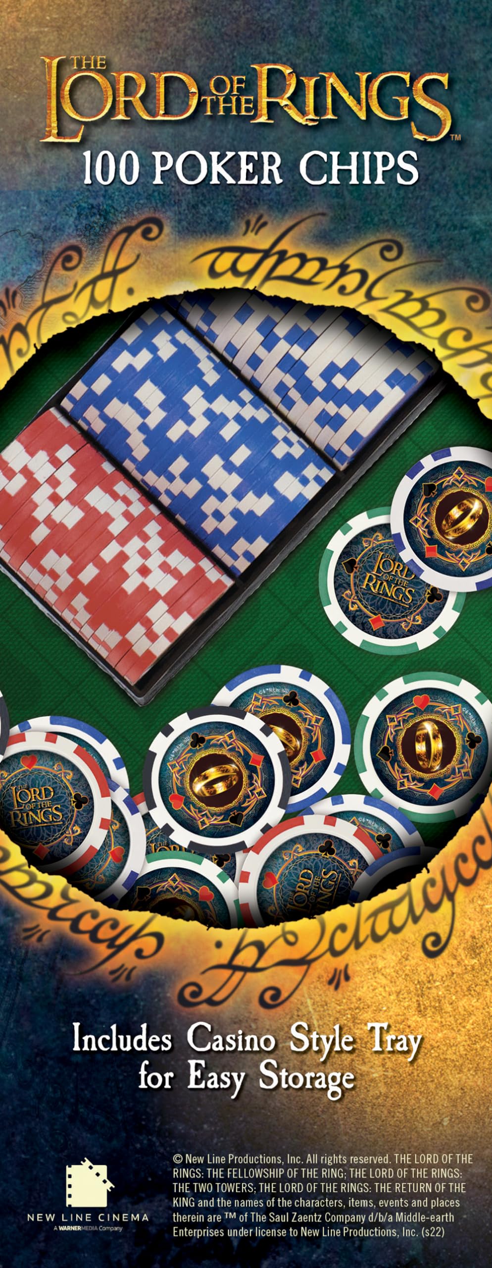 Masterpieces Jeu de jetons de poker Le Seigneur des Anneaux - 100 pièces style casino avec plateau LOTR à collectionner pour soirée de jeu