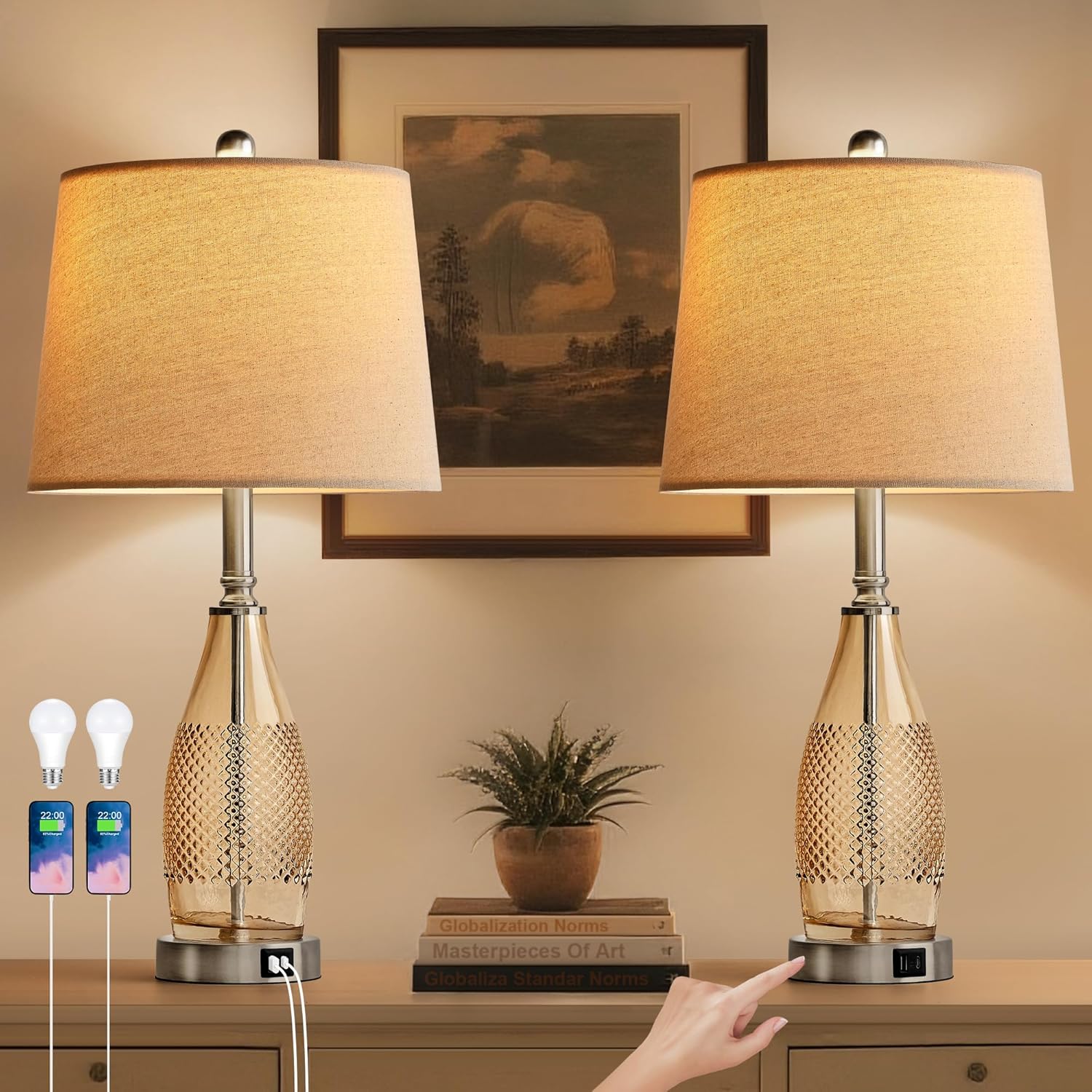 27" Glass Table Lamps for Bedrooms Set of 2, Modern Lamps for Nightstand with Beige Linen Shade, Dimmable Table Lamp for Living Room and Office