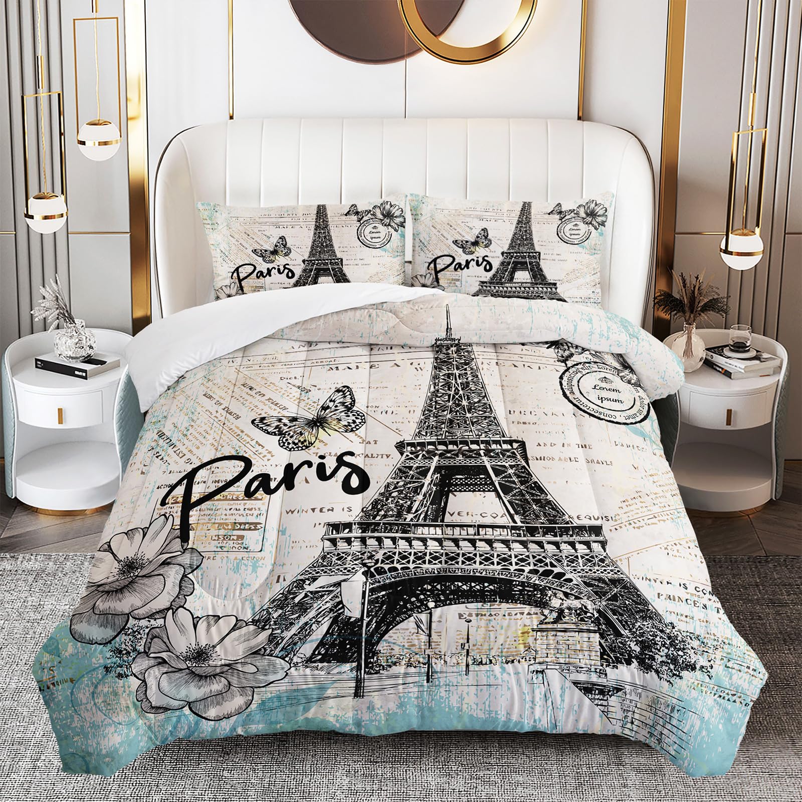 OUIXOTIC Eiffel Tower Comforter Set Twin Size, White Retro Style Eiffel Bedding Set for Girls and Women, Flower and Butterfly Room Decor with 1