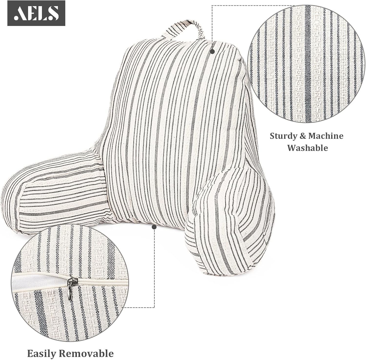 AELS Reading Pillow Replacement Cover (No Insert) with Arms and Pockets, 18" Beige with Gray Stripes Textured Backrest Pillow Cover Fits Standard Size Pillows (Cover ONLY)