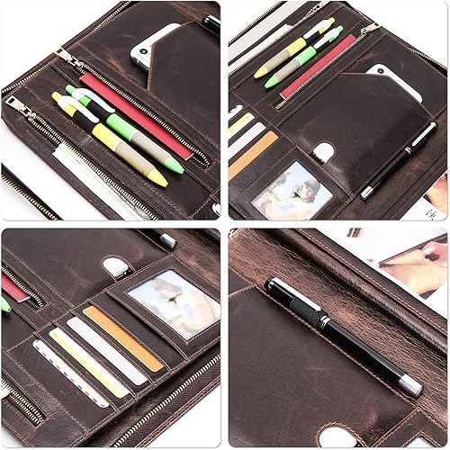 Miniatura 6 de Cartera grande de cuero de grano superior de 12.9 pulgadas, diseño vintage sólido, hecho a mano, gran capacidad, multifuncional, con cremallera,