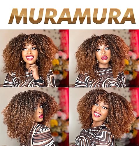 Miniatura 4 de MURAMURA HAIR Peluca rizada de 18 pulgadas de largo con flequillo para mujeres negras, peluca rizada tipo afro bomb, pelo sintético esponjoso y