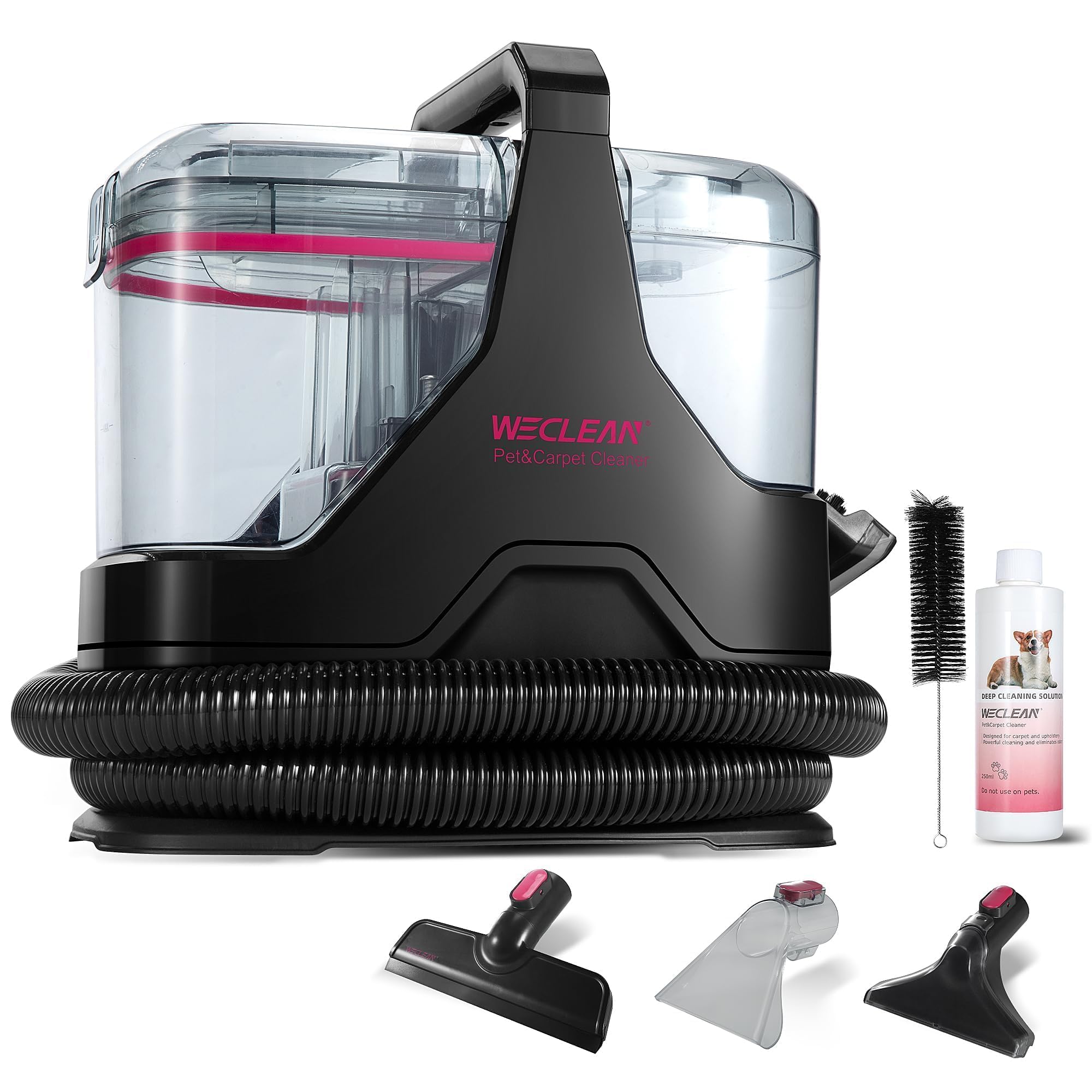 WECLEAN C3 Polsterreiniger Gerät,600W 18KPa Nasssauger Polsterreiniger mit 4 Bürsten, ideal für Teppich, Polster, Autoinnenreinigung, Ritzen & Ecken – Schwarz/Rosa