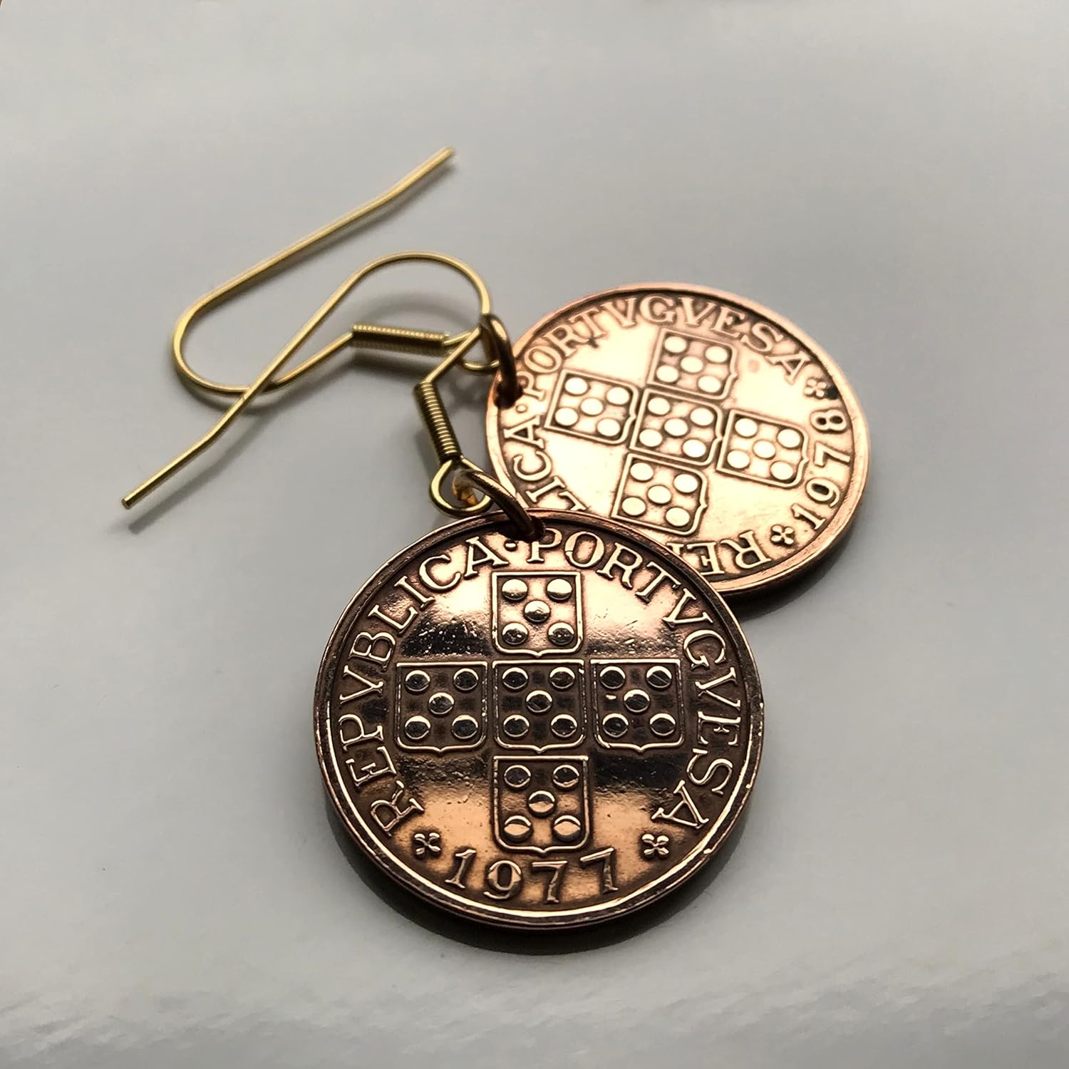 1972 Portugal 50 Centavos coin earrings Portuguese 5 Quinas castles Lisbon Porto Sintra Gaia Cascais Loures Braga Almada Amadora Guimarães Coimbra Evora Faro Belem Aveiro Ourique Mirandese e003185