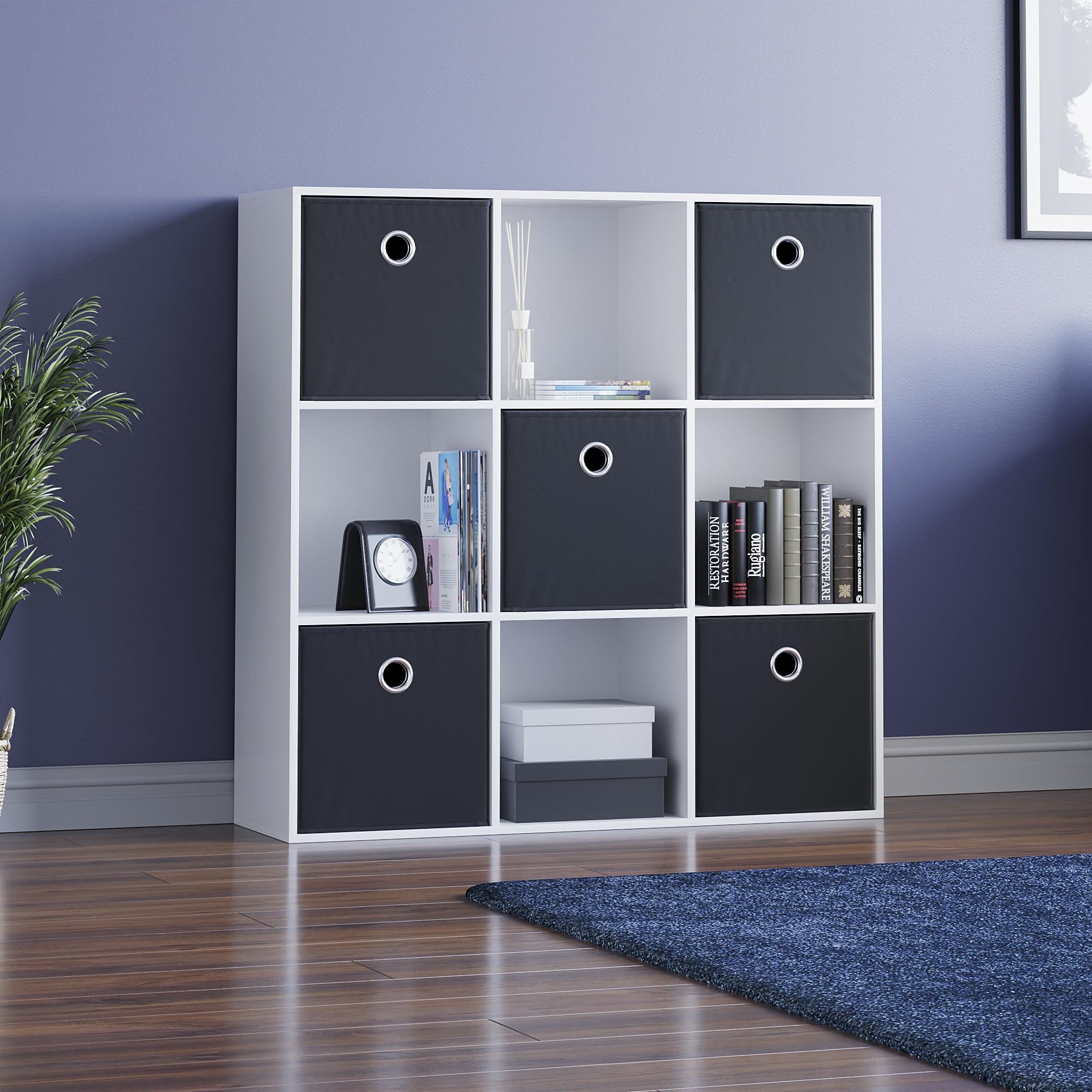 Vida Designs Durham Cube Bookcase Storage Organiser Living Room Bookshelf Home Office Furniture (9 Cube & 5 Black Baskets, White)