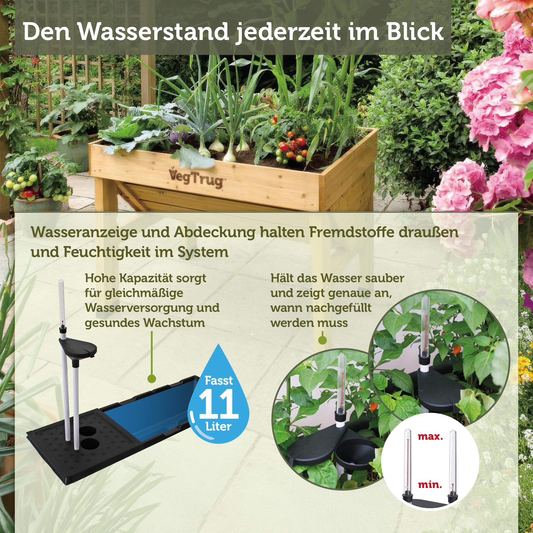 VegTrug Bewässerungsset für Hochbeet Classic 1 m - 11-Liter-Reservoir | Selbstbewässerungssystem mit Kapillarwirkung & Wasserstandsanzeige - ideale Bewässerung für gleichmäßige Feuchtigkeit