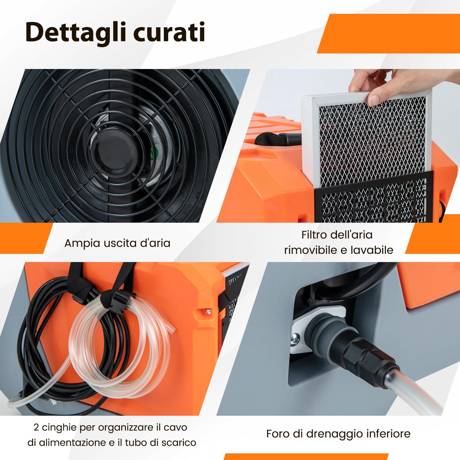 COSTWAY Deumidificatore Commerciale 85 L/Giorno, Deumidificatore con Pompa e Tubo di Scarico, Sbrinamento Automatico, 2 Ruote e Maniglia Pieghevole, Timer 24H, per Cantina Magazzino (Arancione)