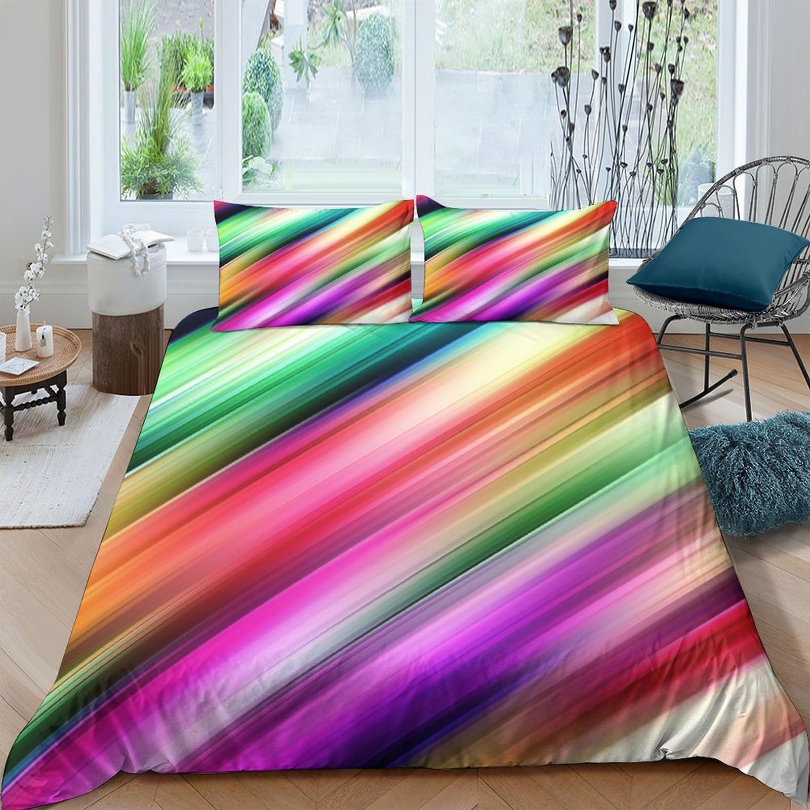 Funda nórdica de arcoíris neón 3D de 200x200cm con fundas de almohada para cama infantil double