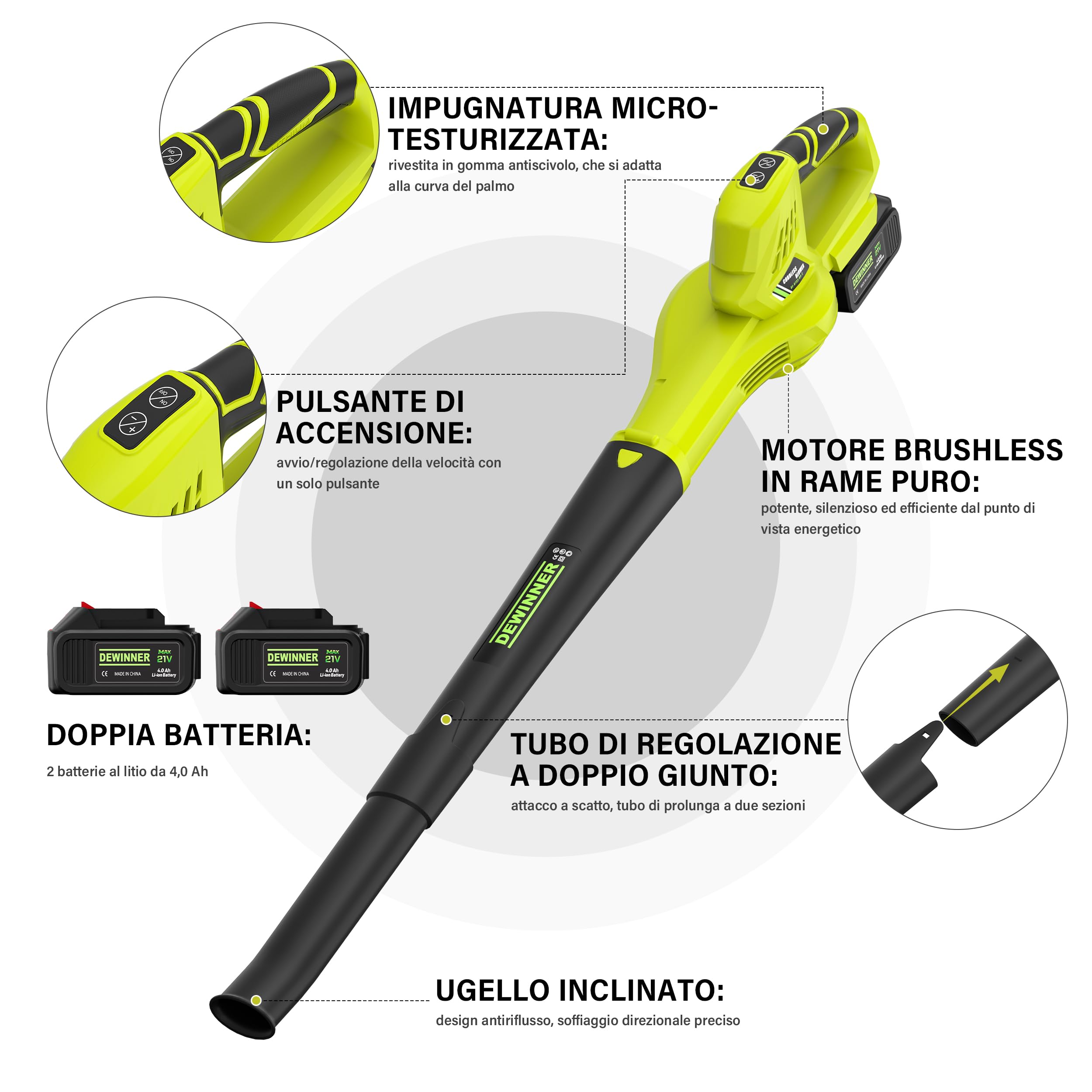 DEWINNER Soffiatore di Foglie Senza Fili, 2 Batterie 4.0Ah, 210 km/h, 6 Velocità Regolabili, 2 Tubi Smontabili, Kit Completo, Professionale per Giardino, Compatibile con Batterie Makita (Verde)