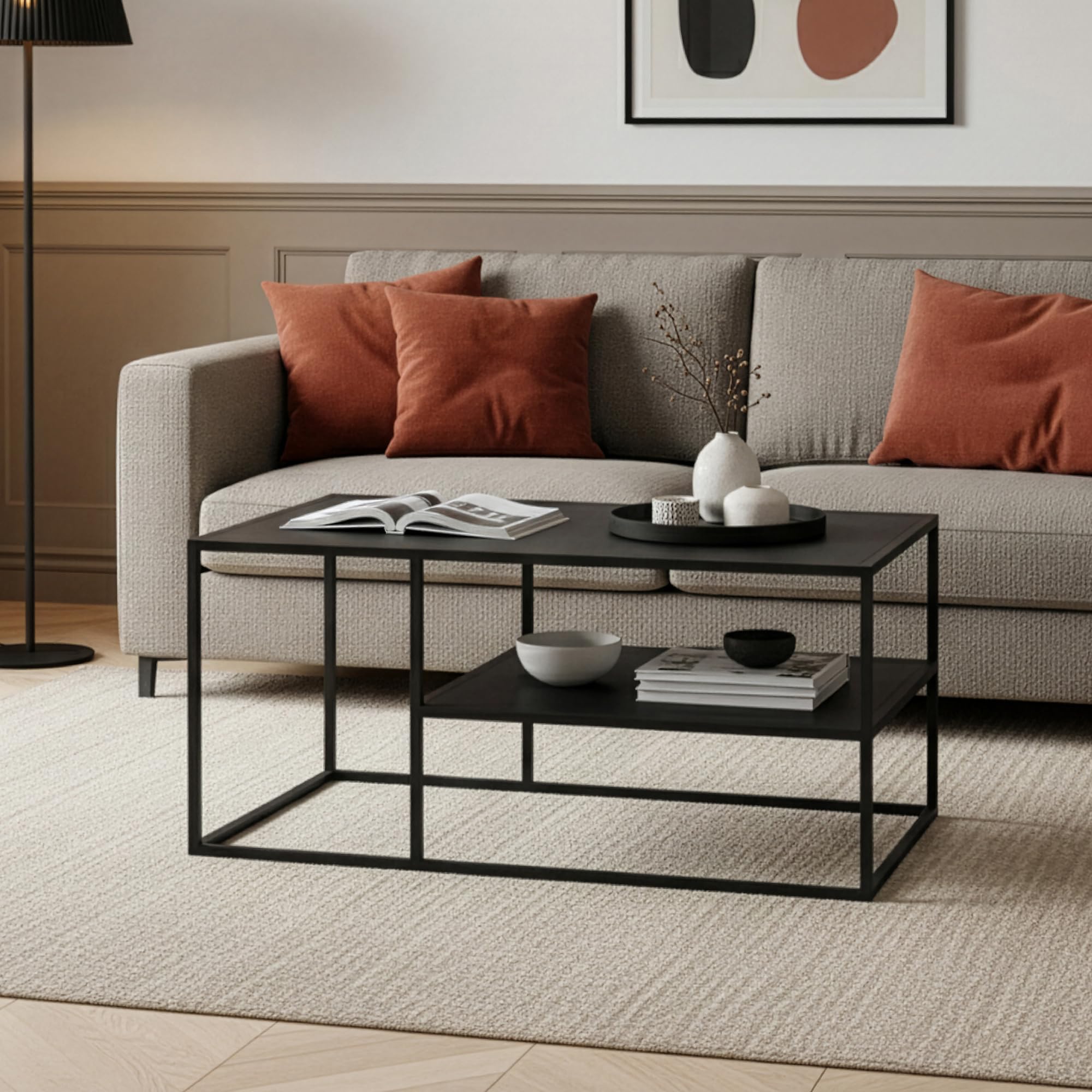 [en.casa] Tavolino Basso da Soggiorno 90 x 45 x 60 cm Tavolino Rettangolare in Accaio a 2 Piani di Appoggio Tavolino da caffè - Nero Opaco