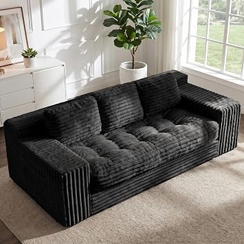 Boneless Couch, Cloud Loveseat Sofa Corduroy Couch in a Box, Upholstered Boneless 3 Seater Couch for Living Room Bedroom Office Apartment, No Assembly Required, Black