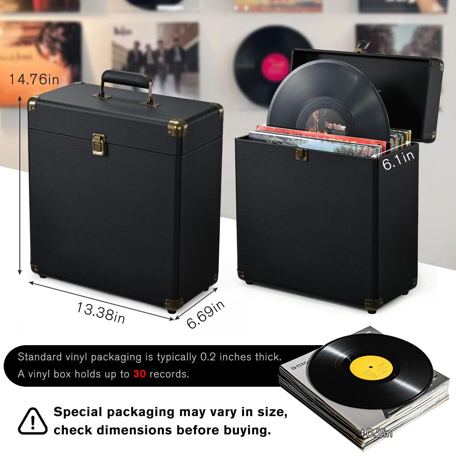 Costravio Caja de almacenamiento de discos de vinilo, caja de exhibición de la colección de álbumes de vinilo, resistente al agua, con capacidad para 45 discos valiosos de 7/10/12 pulgadas, caja de