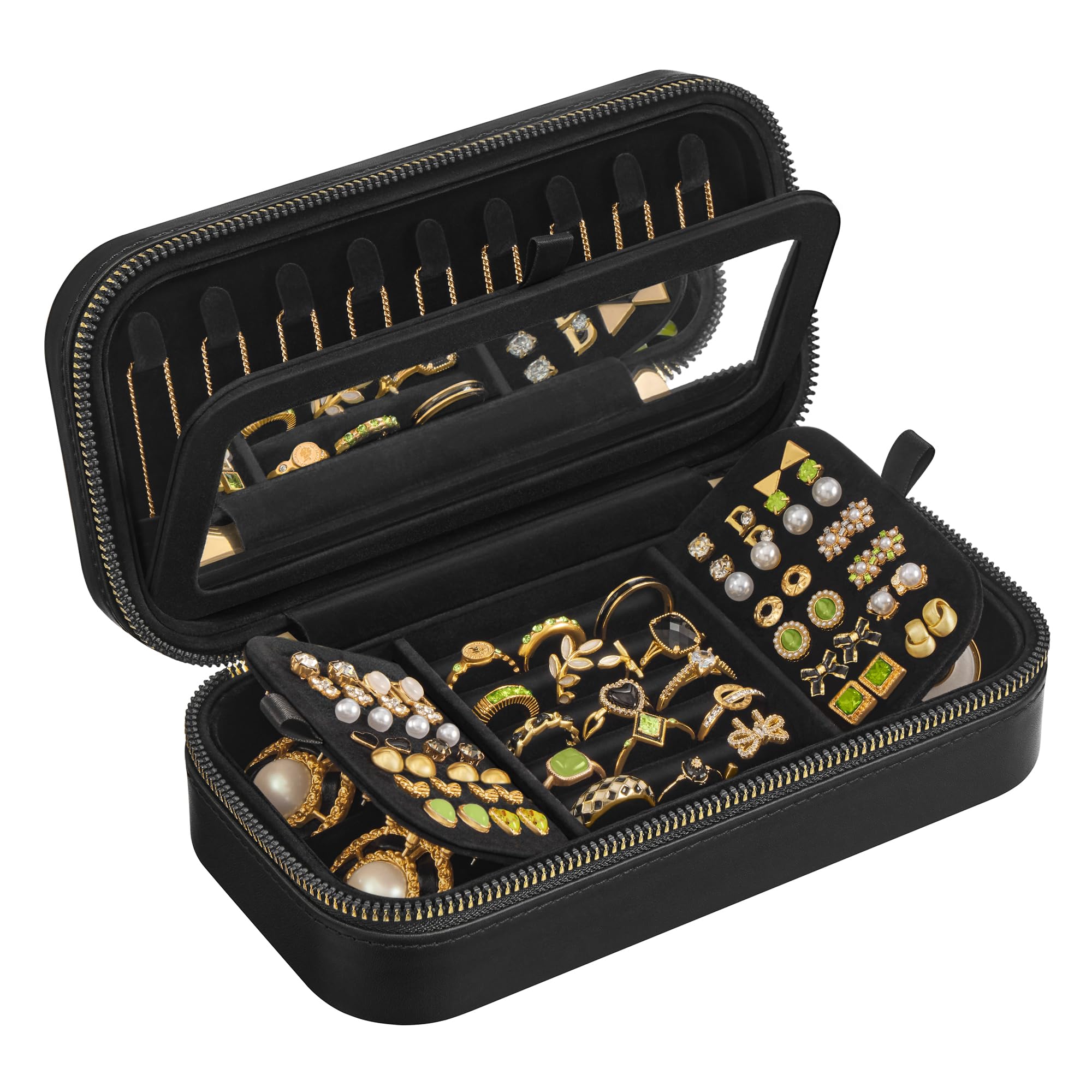 Songmics Home Ink Black Anah Collection - Travel Jewellery Box, Small Jewellery Case Organiser With Mirror, 10.5 X 20.5 X 6 Cm, Pu Surface With Stitching, Portable, Zippers, Gift Idea, Jbc180b01