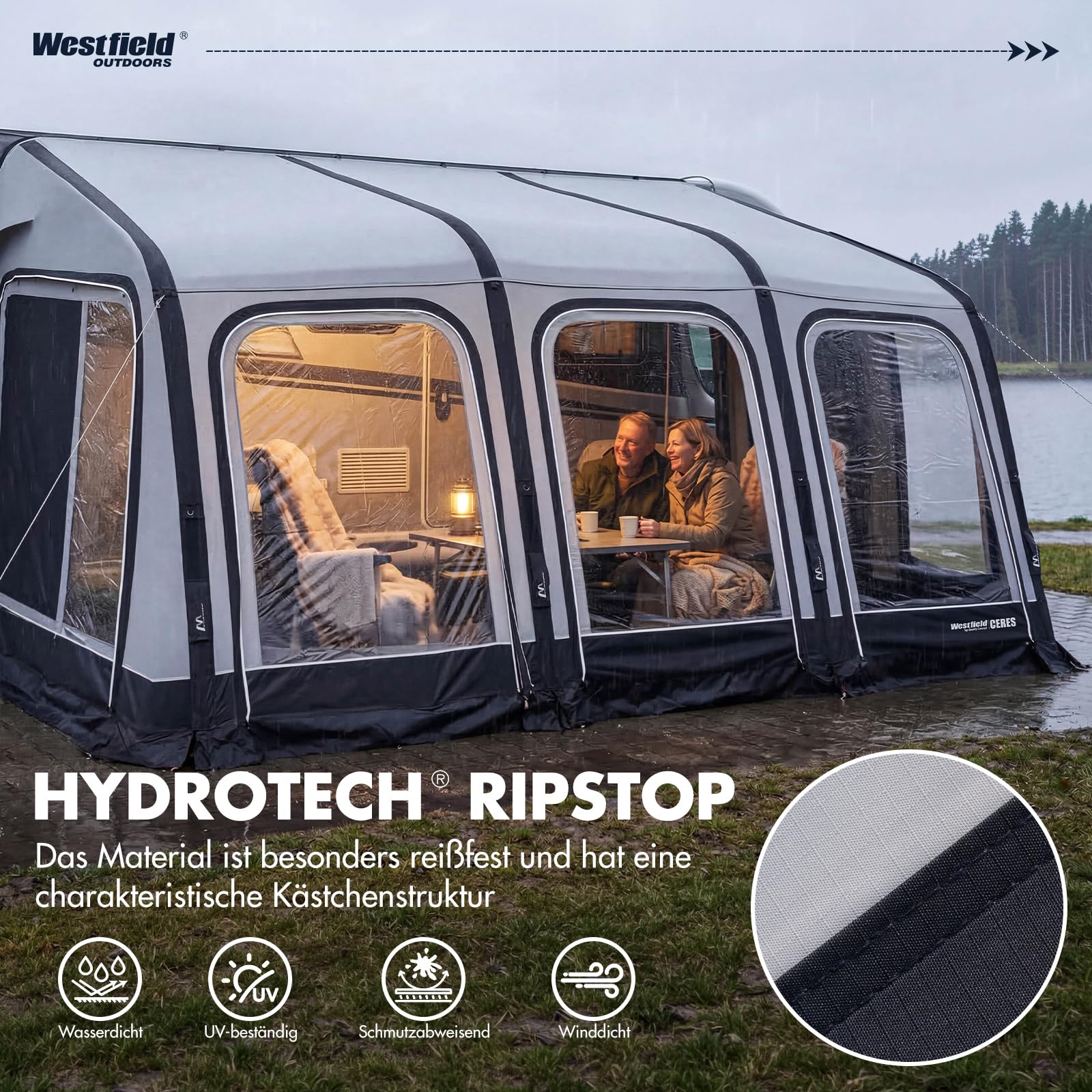 Westfield Outdoors Ceres 7, Aufblasbares Vorzelt für Wohnwagen, Höhe 235–260cm, B510 x T250 cm, 3000mm Wassersäule, UV- & windstabil, Abnehmbare Wände, EIN-Punkt-Aufblassystem, inkl. Luftpumpe