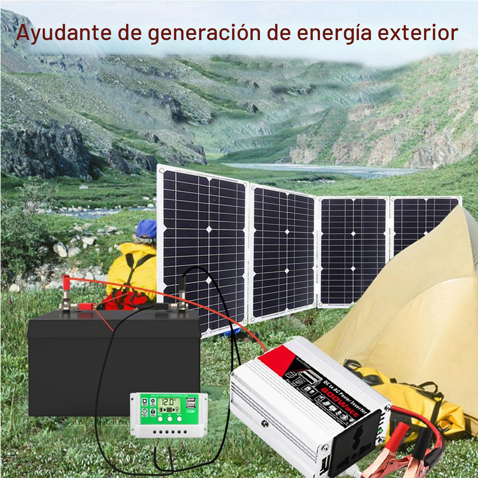 Kit de panel solar, kit completo de panel solar, kit completo de panel solar Camper con inversor de corriente de 600 W, controlador de 50 A, módulo fotovoltaico monocristalino de 18 V for RV, furgonet
