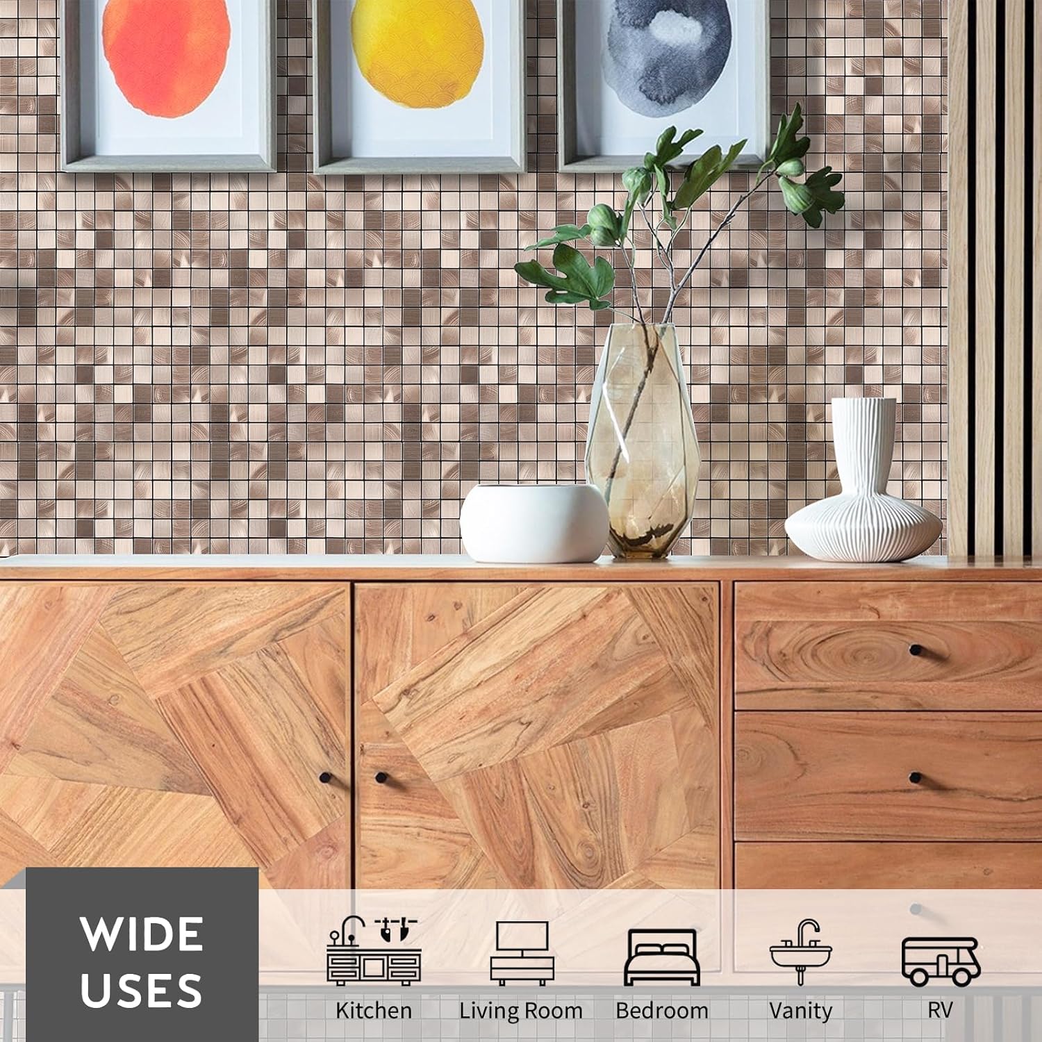 6-Sheet Copper Backsplash Peel and Stick Tile for Kitchen, Self Adhesive Aluminum Square Mosaic Stick on Wall Tiles Fireplace Tile