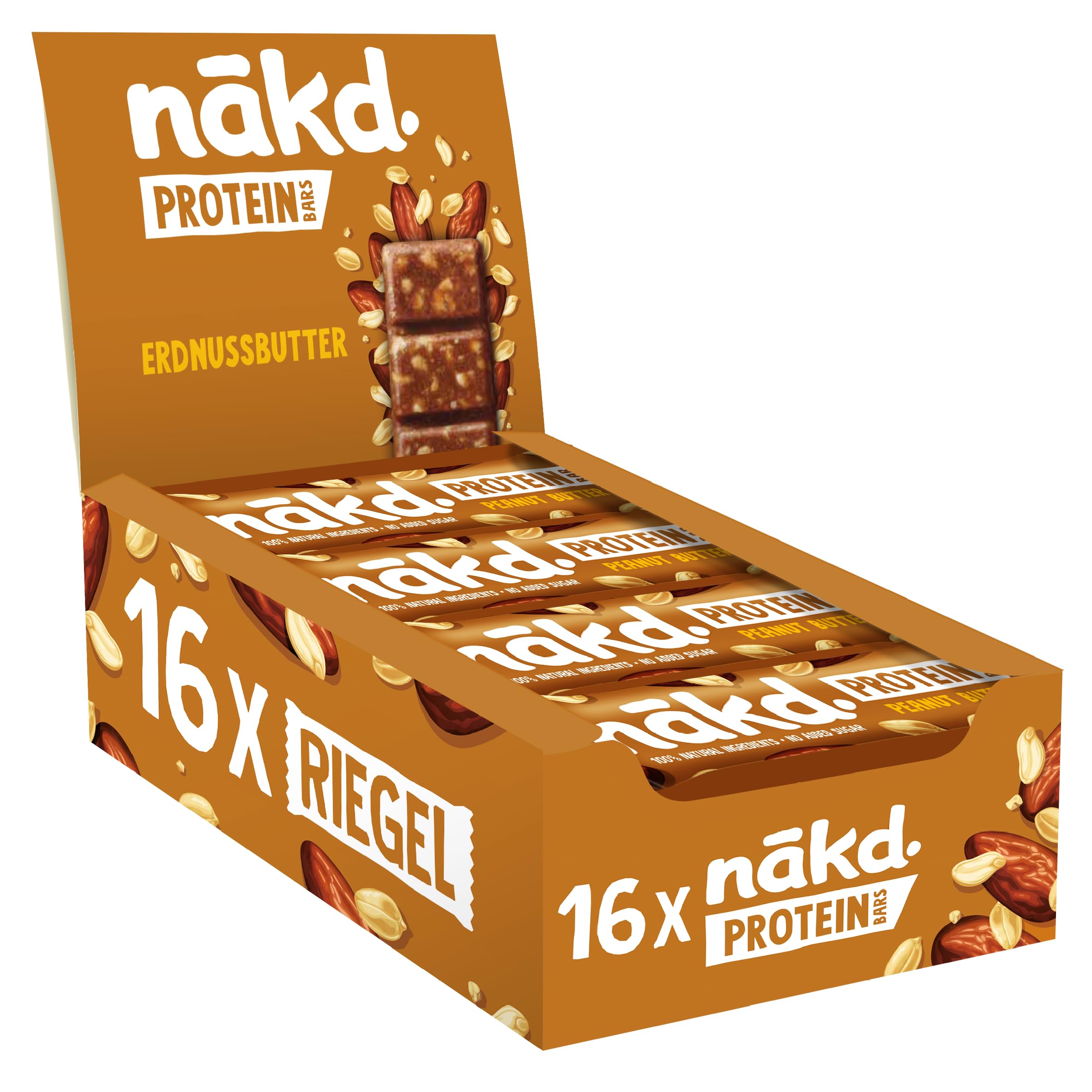 Nākd. Protein Erdnussbutter | Protein-Riegel | 7g Pflanzliches Protein | 100% Natürliche Zutaten | Ohne Zuckerzusatz | Vegan | 16 x 45g | 720g