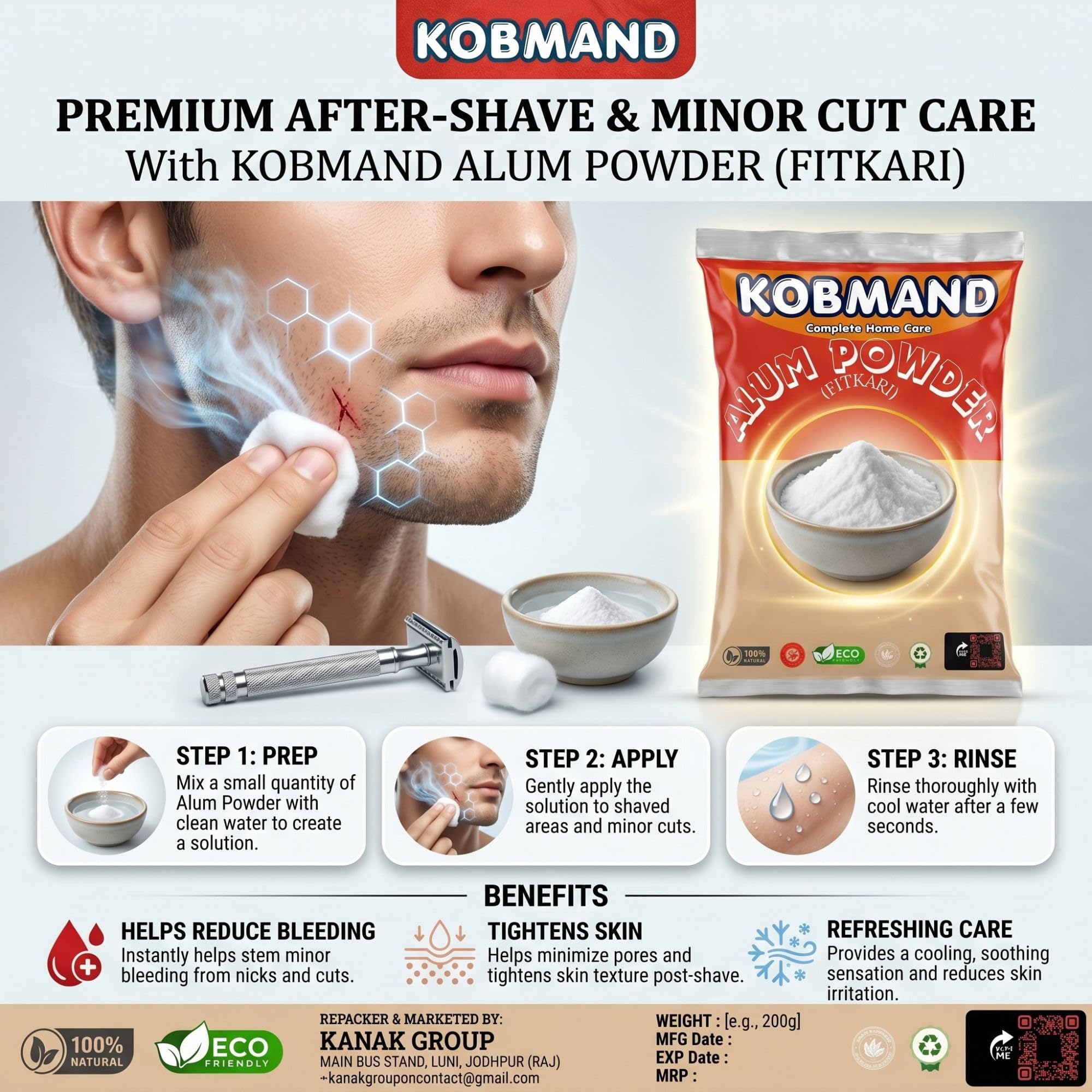KOBMAND Alum Powder (Fitkari Stone) for face, Teeth, Skin, Water Purification, After Shave, Plants, Bath, Underarms, Deodorant, Mouthwash, Floor Cleaning, Cloth Washing | Phitkari Fitkiri Alam 900 gm 3