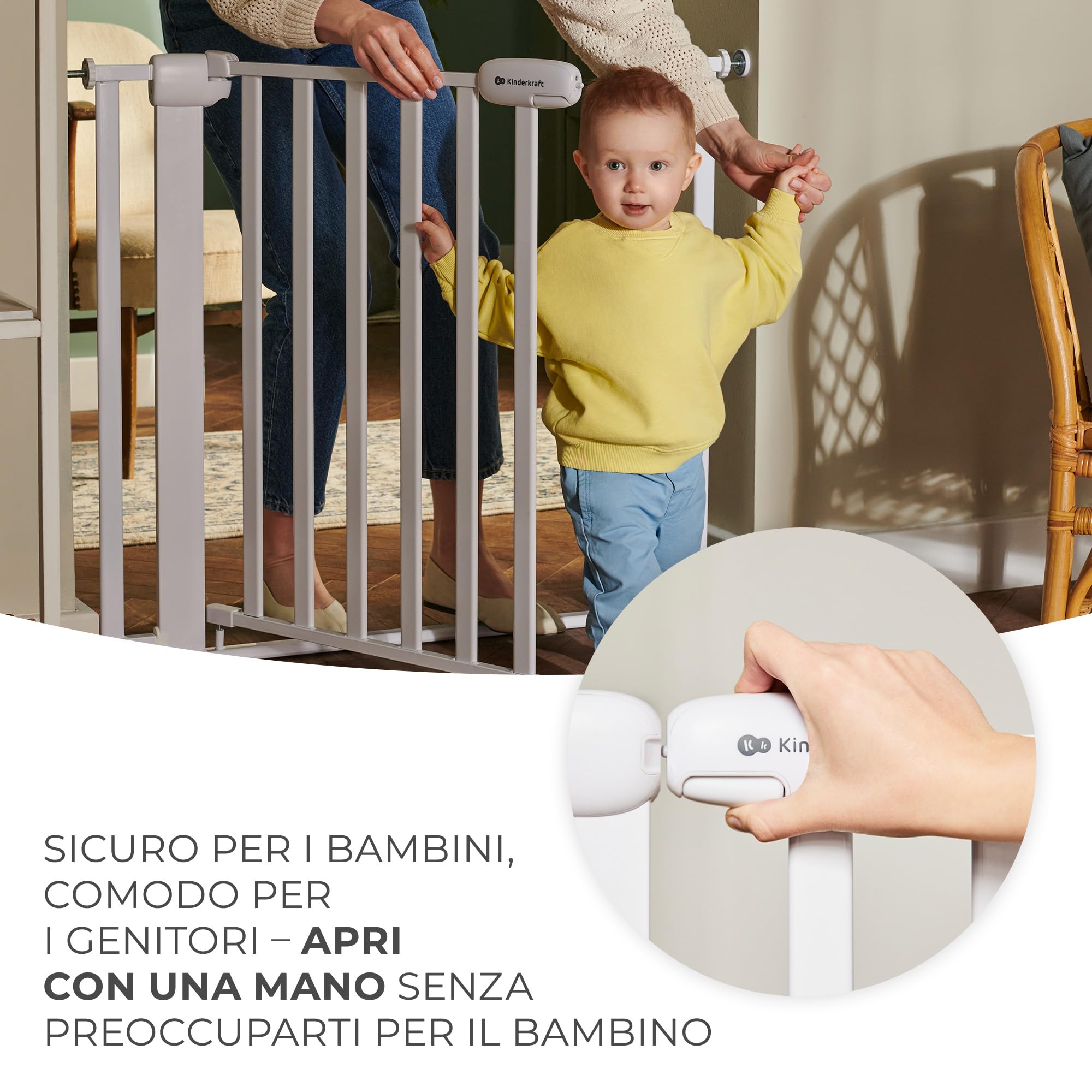 Kinderkraft LOCK&GO Cancelletto di sicurezza da 75-103 cm, Chiude automaticamente di 90 gradi, Doppio dispositivo di sicurezza, Previene di inciampare, Nero