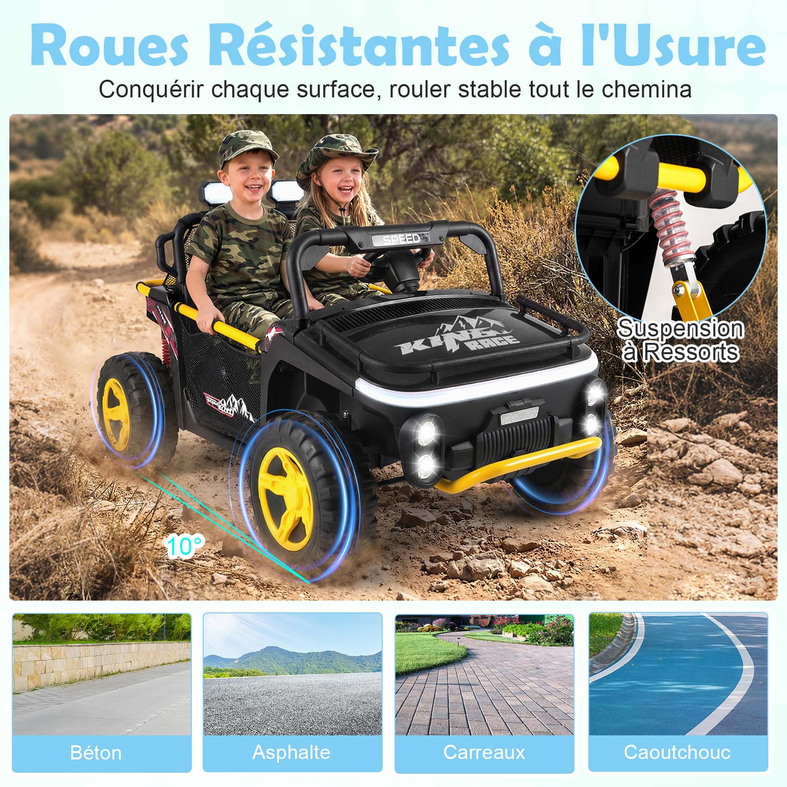 COSTWAY 24V Voiture Électrique Enfant 2 Places avec Télécommande 2,4G, Buggy Électrique Enfant avec Musique Klaxon Lumières LED, Démarrage Progressif, 3,5-6,5 km/h, Charge 40kg pour 3-7 Ans (Noir)