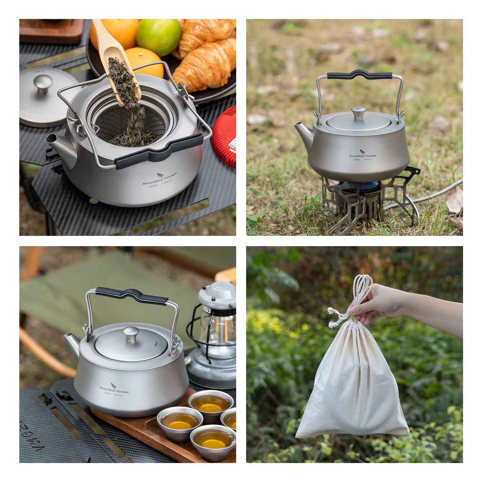 iBasingo Bollitore in titanio da 800 ml con infusore per tè sfuso, caffettiera con filtro e manico pieghevole, caldaia per acqua ultraleggera per campeggio all'aperto, brocca d'acqua Ti3093D
