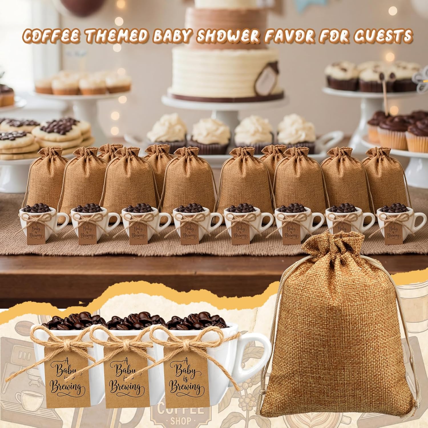 Hushee 20 Sets/ 60 Pcs Coffee Themed Baby Shower Party Favors a Baby Is Brewing Coffee Mugs Gifts for Babyshower Gender Reveal Party Serve 20 Guests with Linen Drawstring Bags Labels and Jute Twine