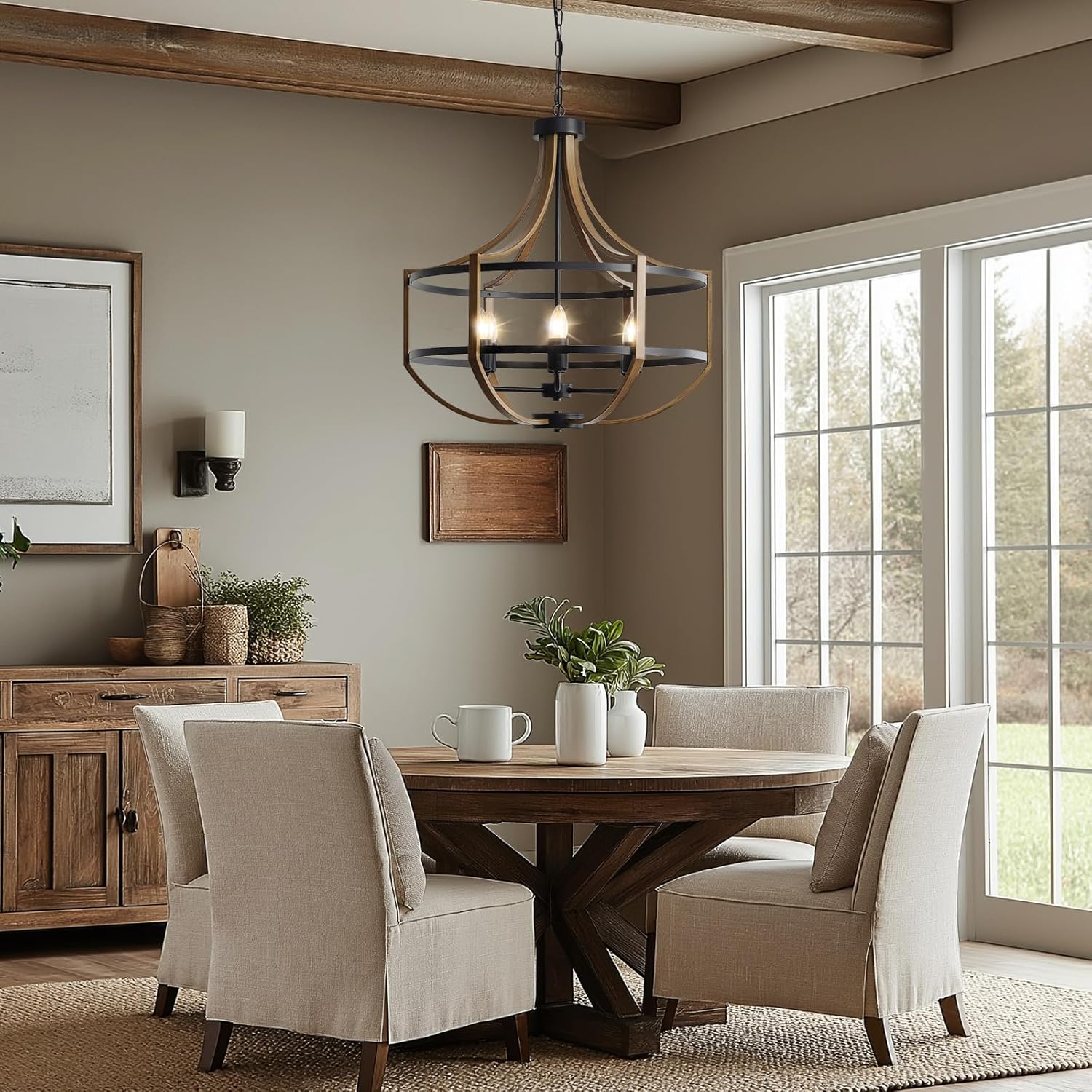 23.6" Farmhouse Chandelier for Dining Room, 6-Light Rustic Faux Wood Pendant Light Fixtures, Foyer Chandelier for Entryway Kitchen Island Bedroom Living Room