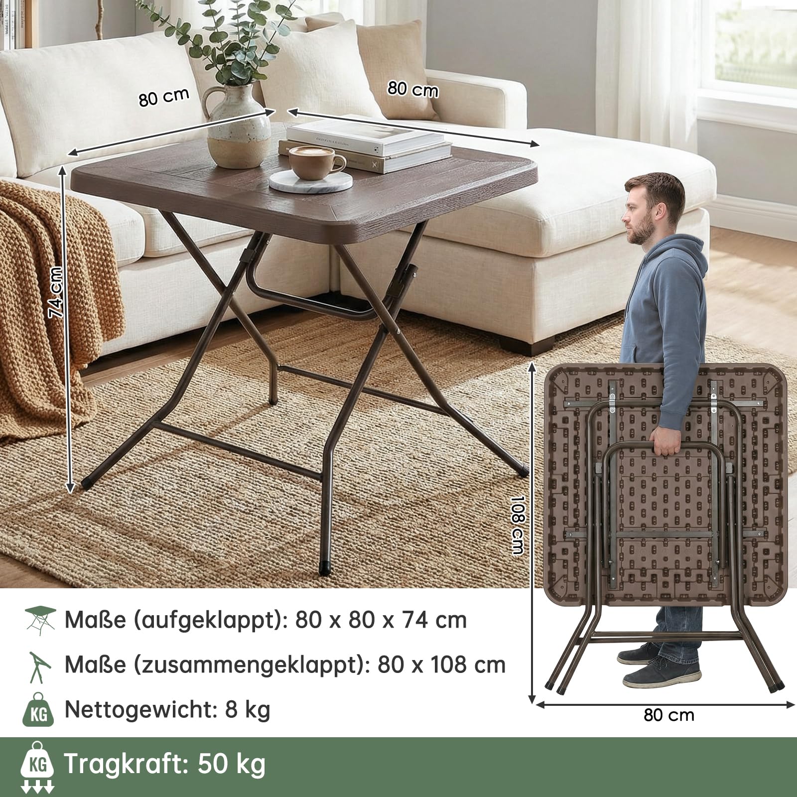 Tavolo da Giardino 80 x 80 x 74 cm, Tavolo Pieghevole Portatile, Tavolo da Campeggio in HDPE, Piano Effetto Legno, con Telaio in Acciaio, Carico Massimo 50 kg, per Giardino, Terrazza e Balcone