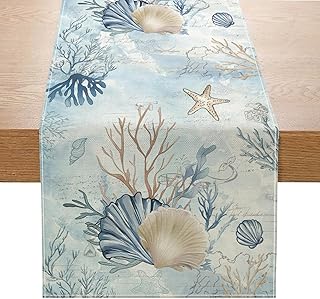 Coastal Sea Shell Starfish Table Runner 13x72 Inch Summer Ocean Beach Kitchen Dinning Table Decoration for Indoor Outdoor Home Party Décor