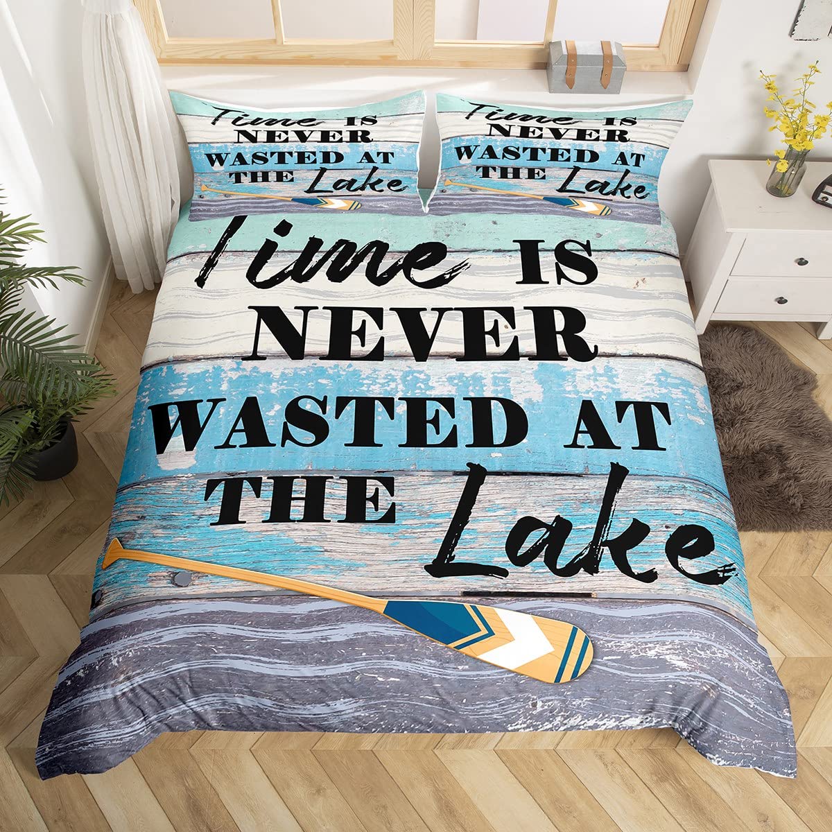 Lake Paddle Duvet Cover Queen Size,Lake Life Comforter Cover with 2 Pillowcase for Teens Adults,Kids Watercolor Wooden Bedding Set,Rustic Farmhouse Breathable 3 Pcs Decorative Bed Cover(No Comforter)