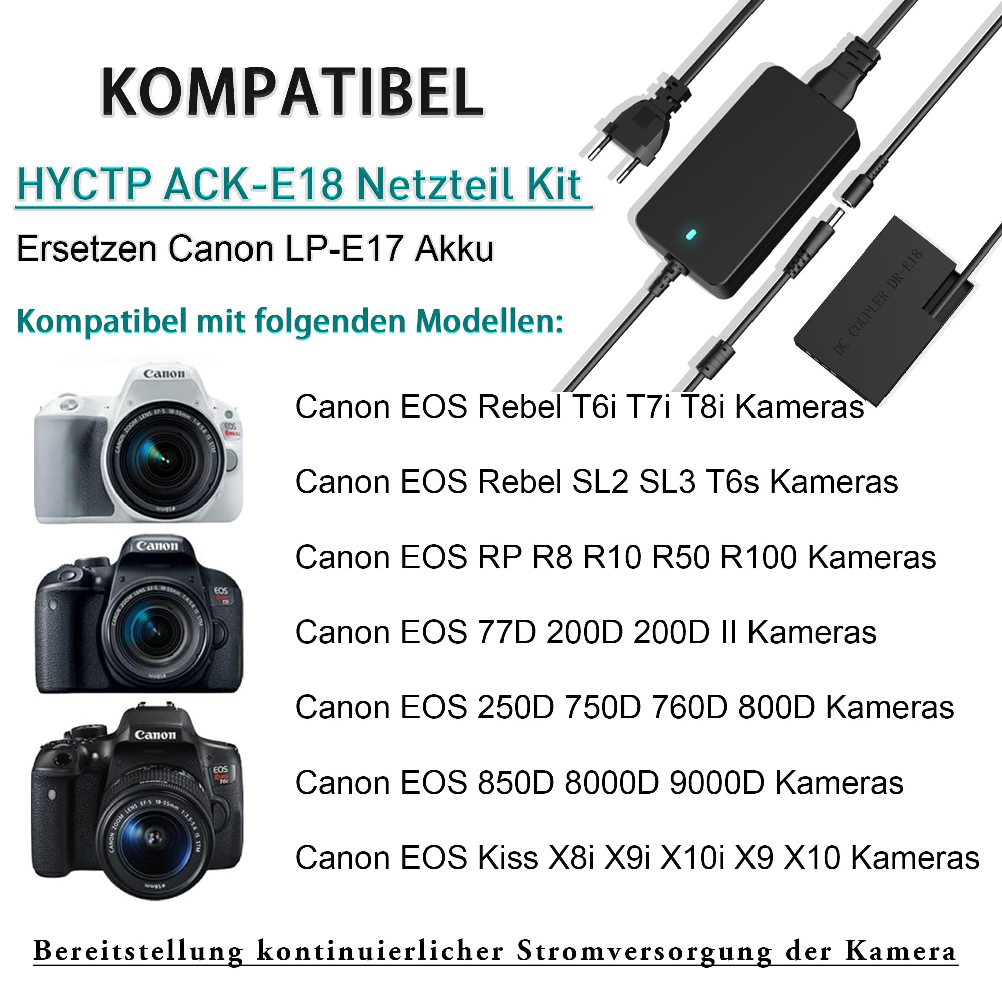HYCTP ACK-E18 Alimentatore di rete DR-E18 DC accoppiatore LP-E17 Dummy Batteria Kit per Canon EOS Rebel T6i T7i SL2 RP R8 R10 R50 R100 T8i T6s 77D 200D 250D 760D 800D 850D 80D Fotocamere 0D