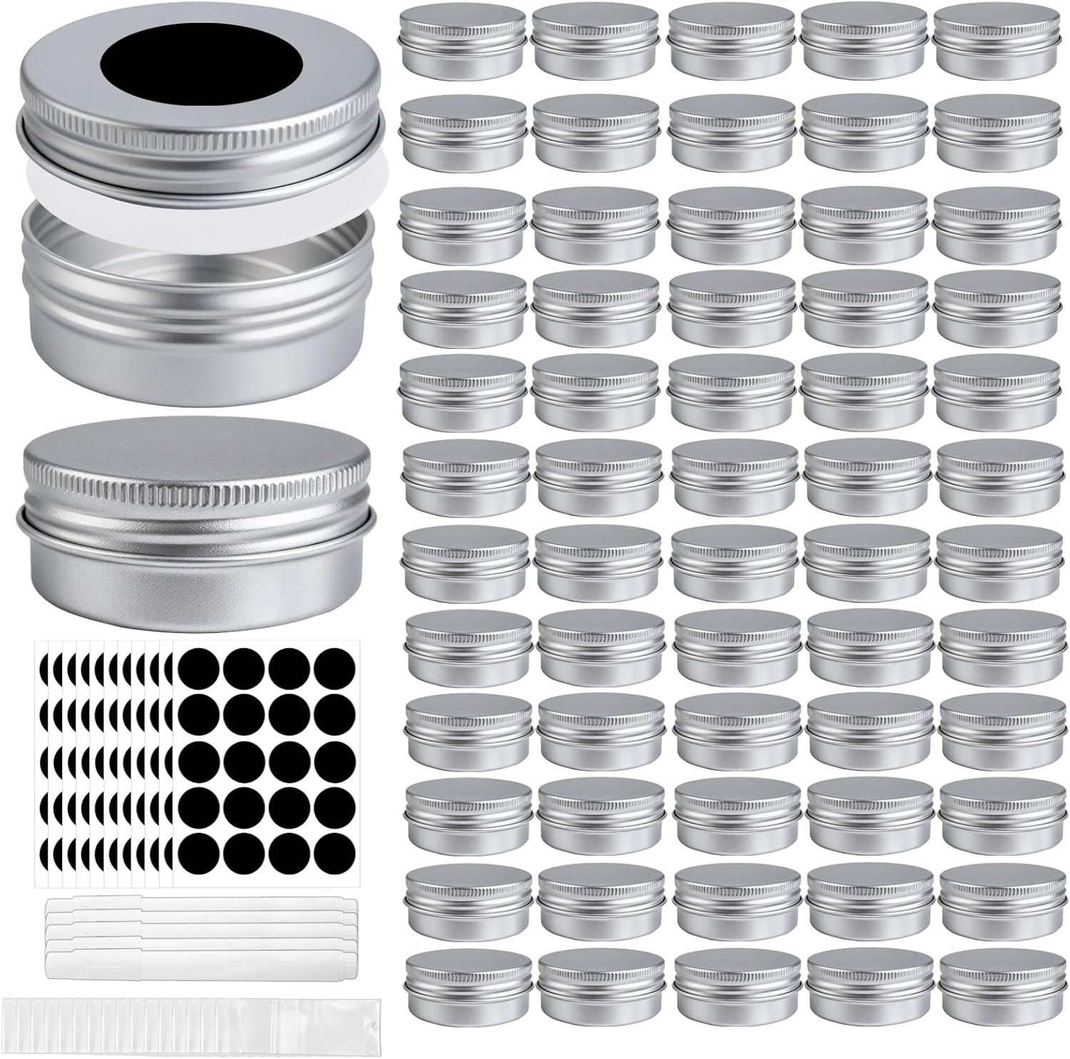 210 Pcs 1 oz Metal Tins Aluminum Containers with 5 Markers 10 Label Stickers and 100 Shrink Wraps Screw Top Round Tin Cans with Lids for DIY Salves Candles Wax Lip Balm Cosmetic