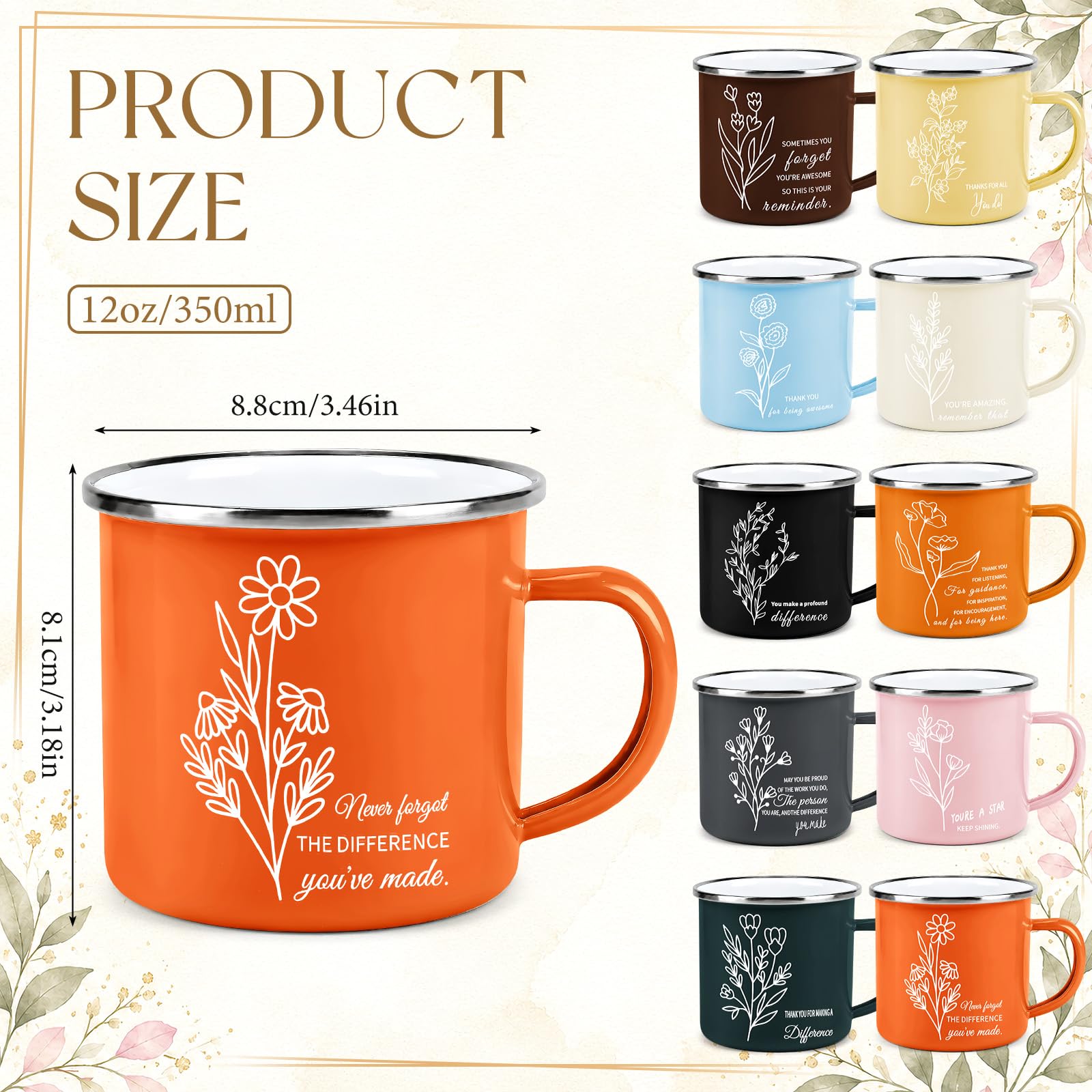 10er Set Bunte Emaille Tassen mit Blumenmuster 350ml für Camping