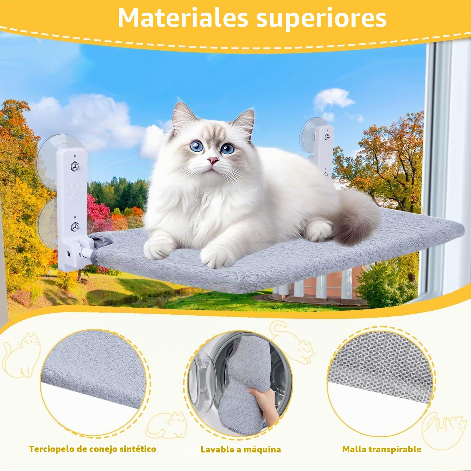 Hamaca para ventana para gatos, cama de felpa, 45 x 30 cm, plegable y estable, 4 ventosas fuertes de hasta 18 kg (gris)