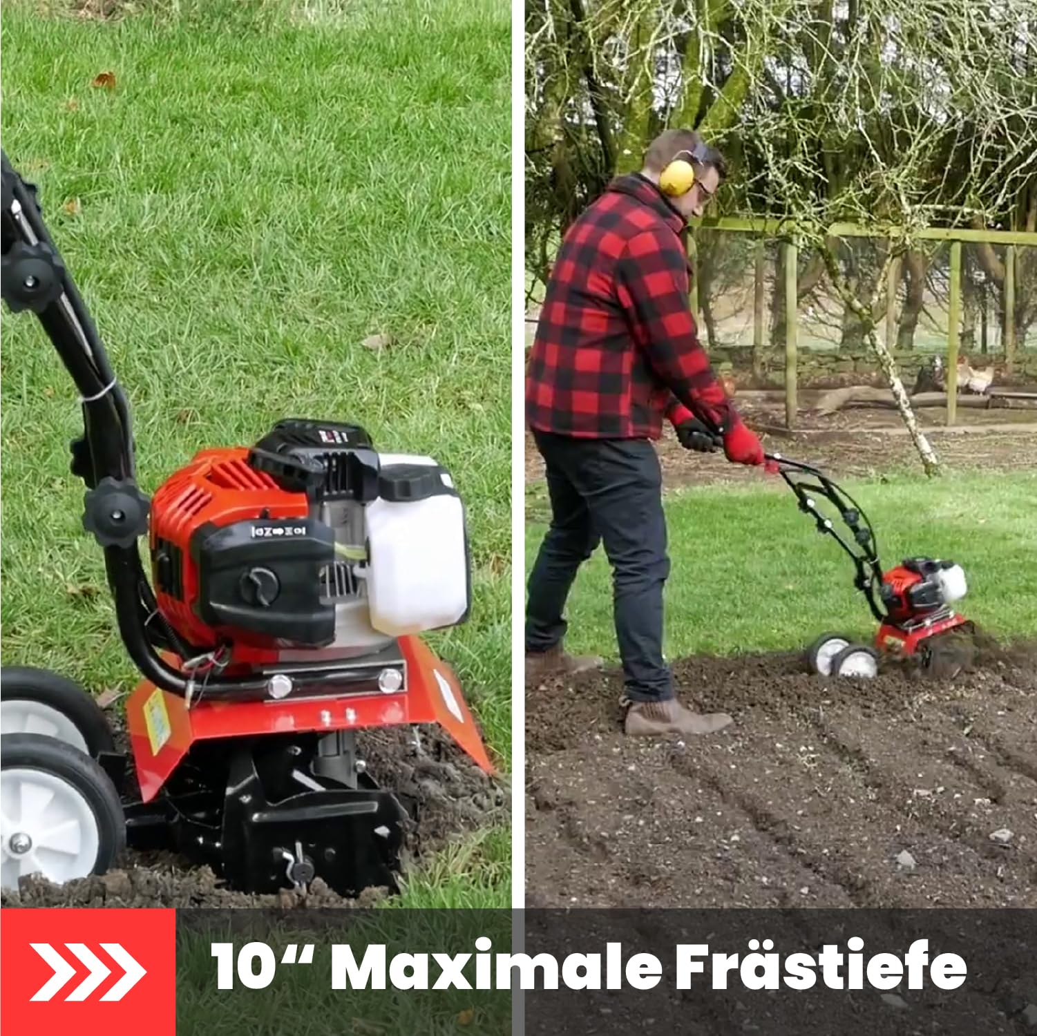 BU-KO 52CC Gartenfräse Benzin 3 PS 2-Takt-Rasenboden bodenhacke Grubber Motorhacke Benzin Leichter kompakter, bodenfräse leistungsstarker Griff mit sicherem Griff 1 Jahre Garantie
