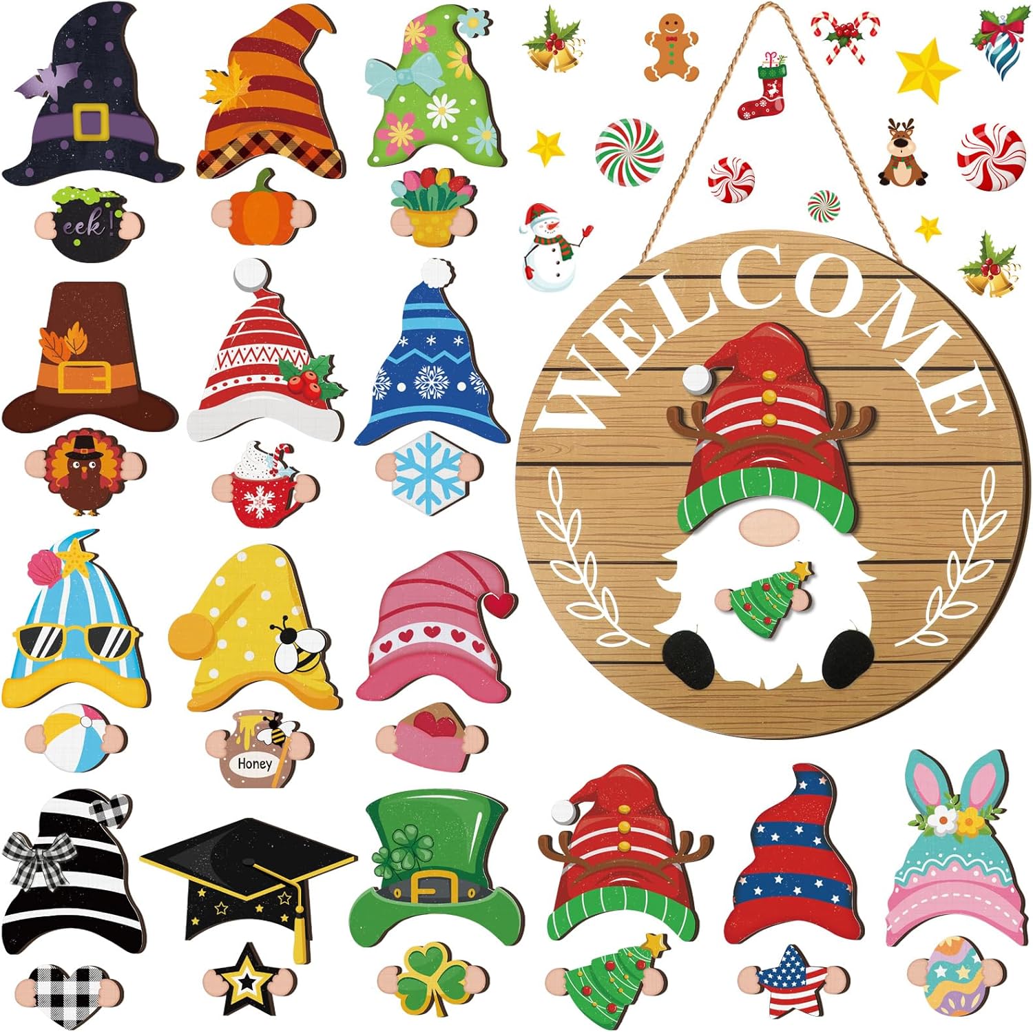 Qunclay Interchangeable Wooden Gnome Decor Holiday Seasonal Gnome Decorations with Magnet Pieces and Detachable Hats Changeable Welcome Sign for Home(Delicate Style)