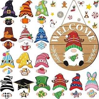 Qunclay Interchangeable Wooden Gnome Decor Holiday Seasonal Gnome Decorations with Magnet Pieces and Detachable Hats Changeable Welcome Sign for Home(Delicate Style)