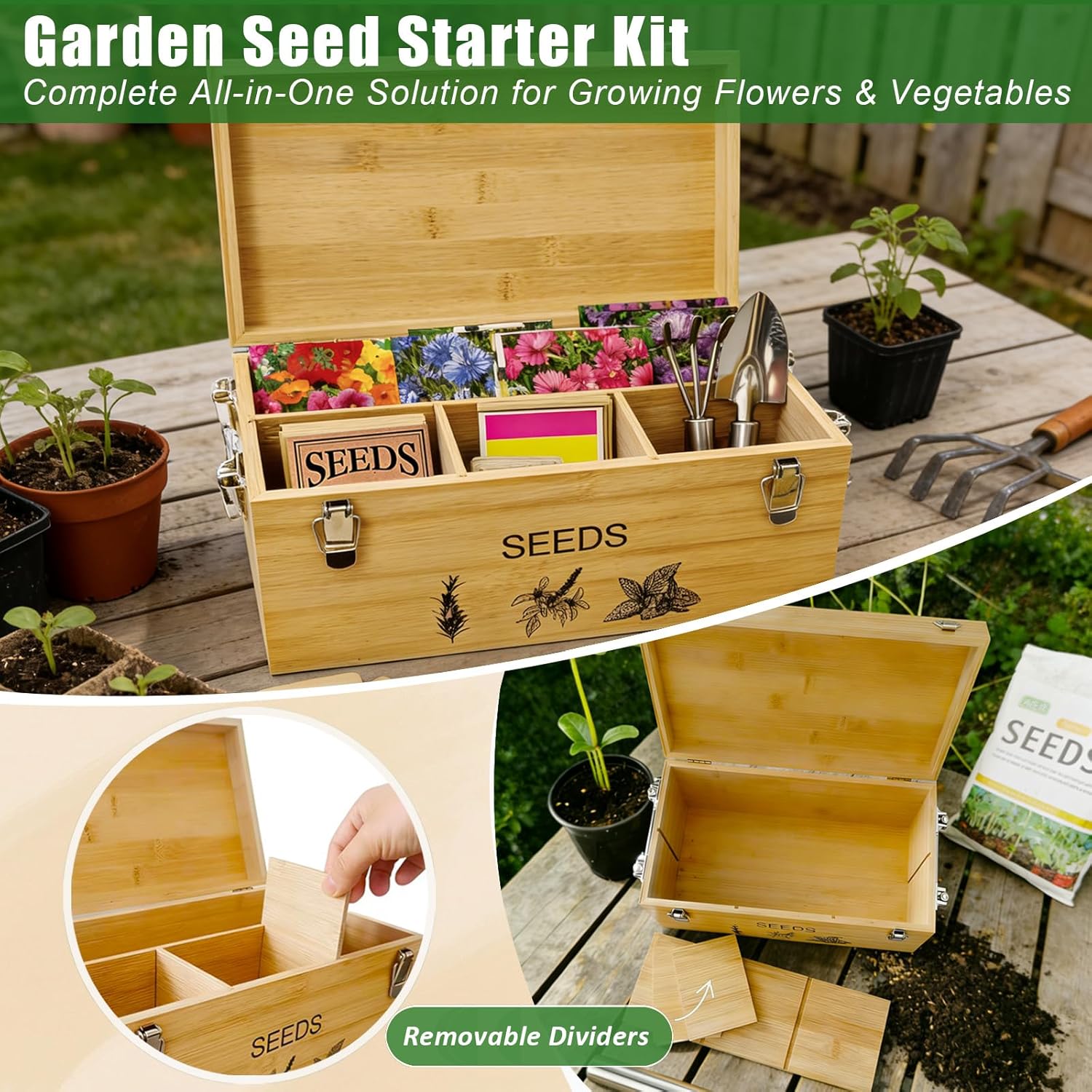 Natural Bamboo Seed Storage Organizer Box – Large Seeds Saver Kit Included Stainless Steel Garden Tools, 20 Seed Envelopes, 10 Wooden Plant Labels, Mark Pen & 3 Color Stickers