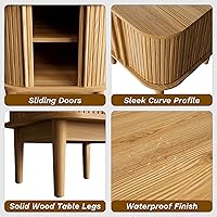 Vista 5 de Fluted Nightstand with Sliding Doors, Modern Bedside Table with Solid Wood Legs, Wood Night Stand for Bedroom (Natural)