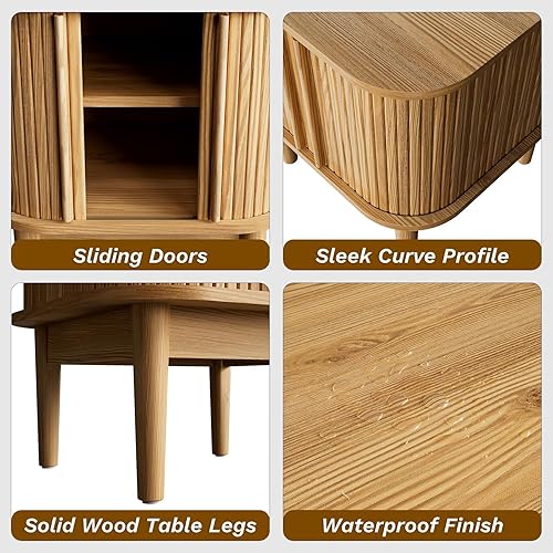 Miniatura 5 de Fluted Nightstand with Sliding Doors, Modern Bedside Table with Solid Wood Legs, Wood Night Stand for Bedroom (Natural)