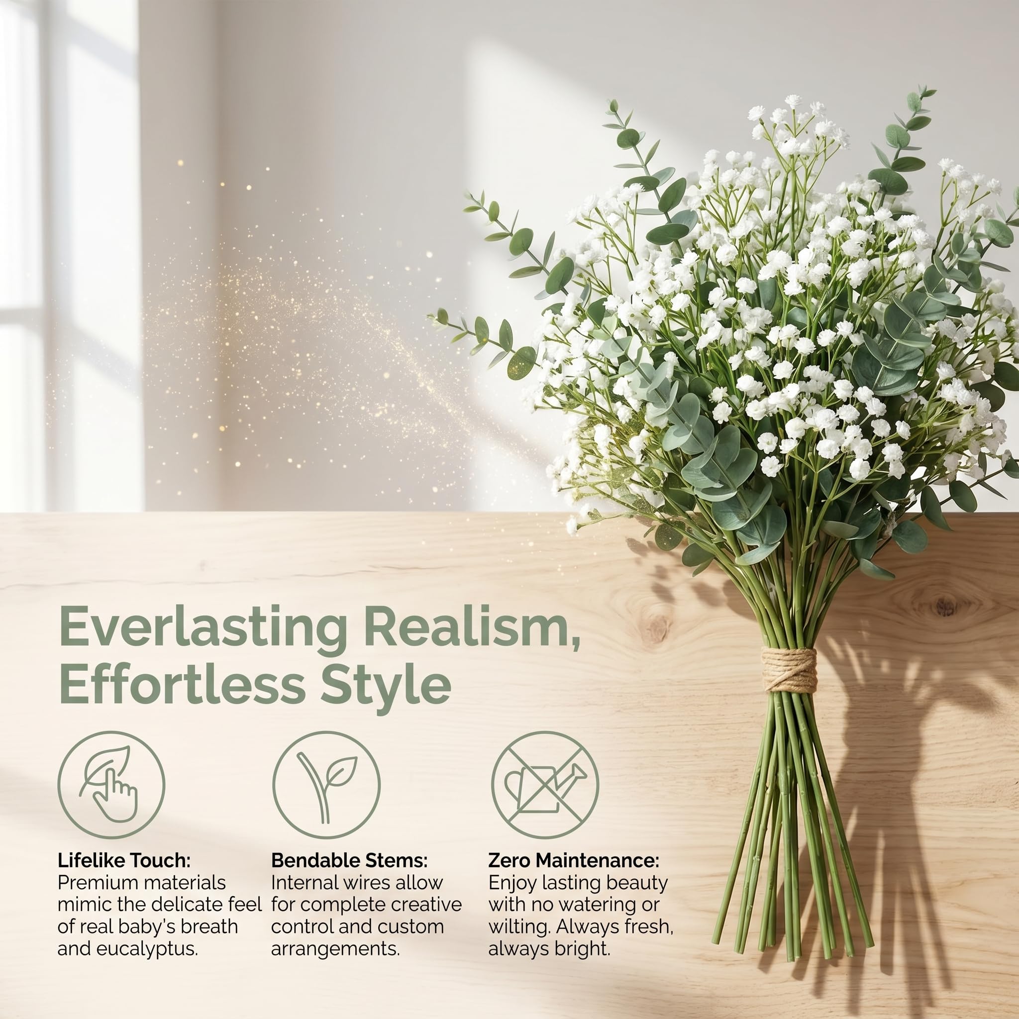 Künstlicher Blumenstrauß mit Schleierkraut und Eukalyptus, Real Touch Kunstpflanzen Deko für Vase, Biegbare Kunstblumen Stiele für DIY Hochzeit Brautstrauß, Heim Tischdekoration, Grün & Weiß