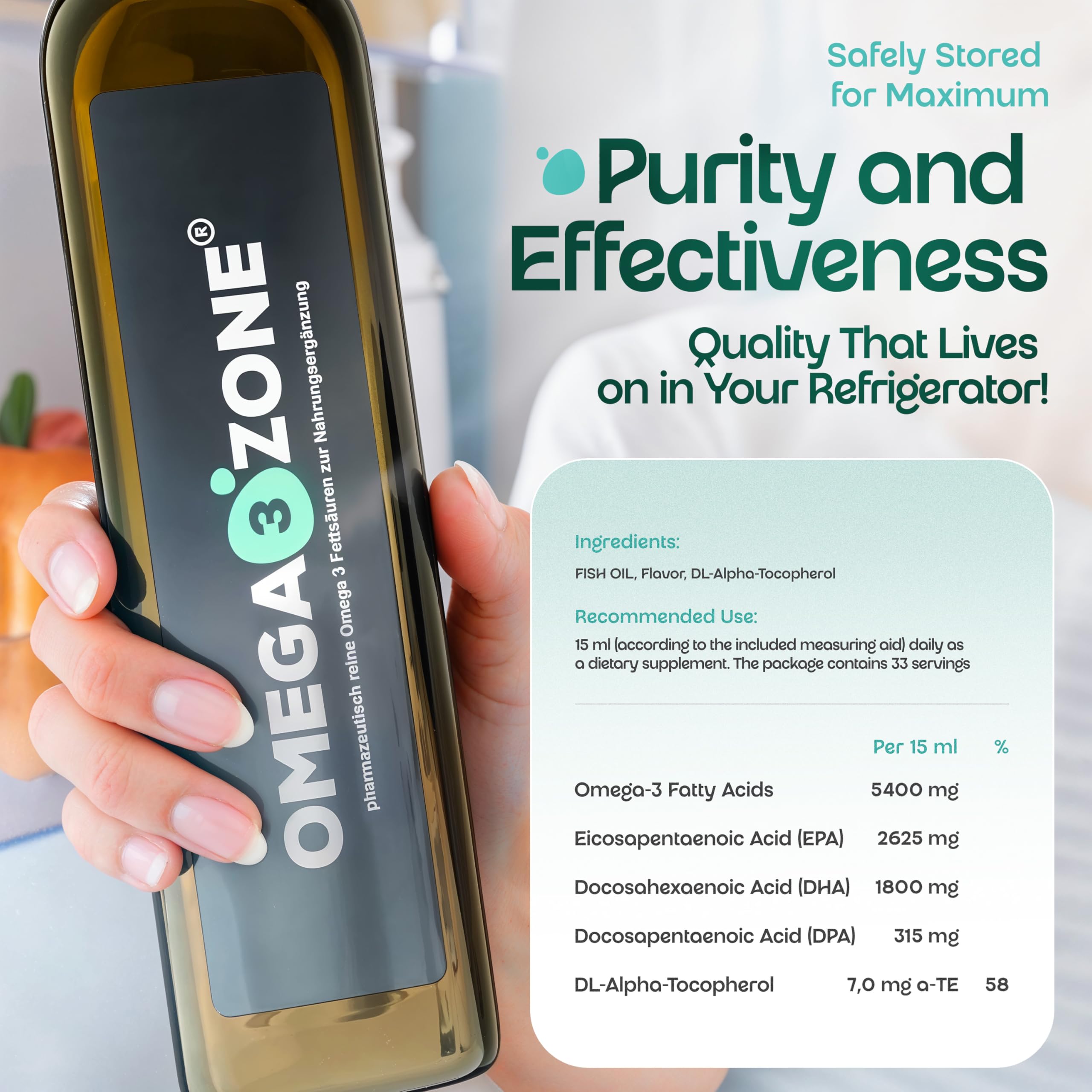omega3zone Wysokodawkowy olej rybny Omega 3 - Omega 3 z 5400 mg na porcję - Olej rybny premium - Omega-3 testowane laboratoryjnie, wyprodukowane w Niemczech - 500 ml (Cytryna)