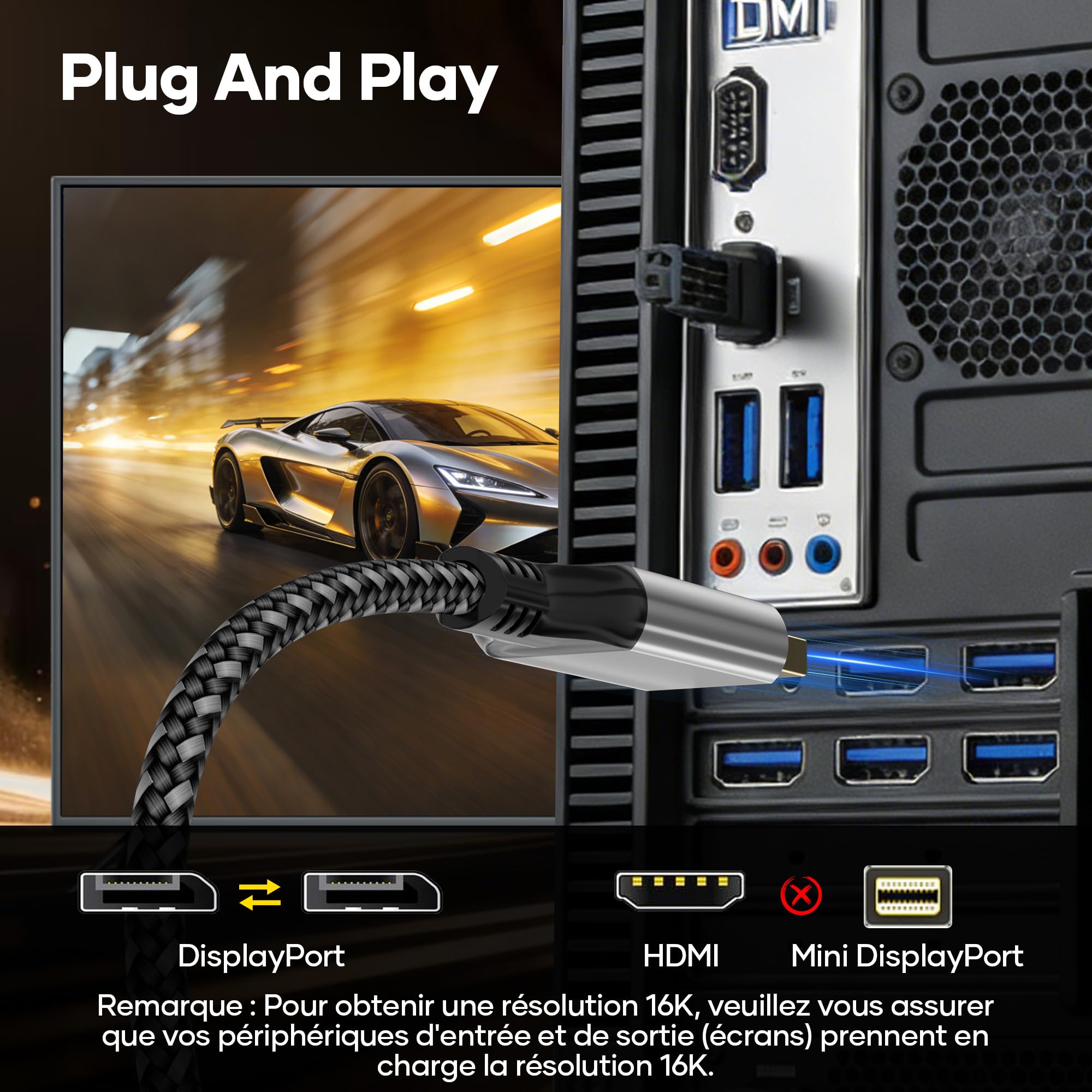 Câble DisplayPort 2.1 16K,5m 16K@60 Hz,10K@60 Hz,8K@120 Hz,4K@240Hz,165Hz/144 Hz.Câble DP 80Gbit/s avec HDR,FreeSync,G-Sync,DSC 1.2a et HDCP 2.2.Compatible PC,TVHD,moniteur gaming,et carte graphique