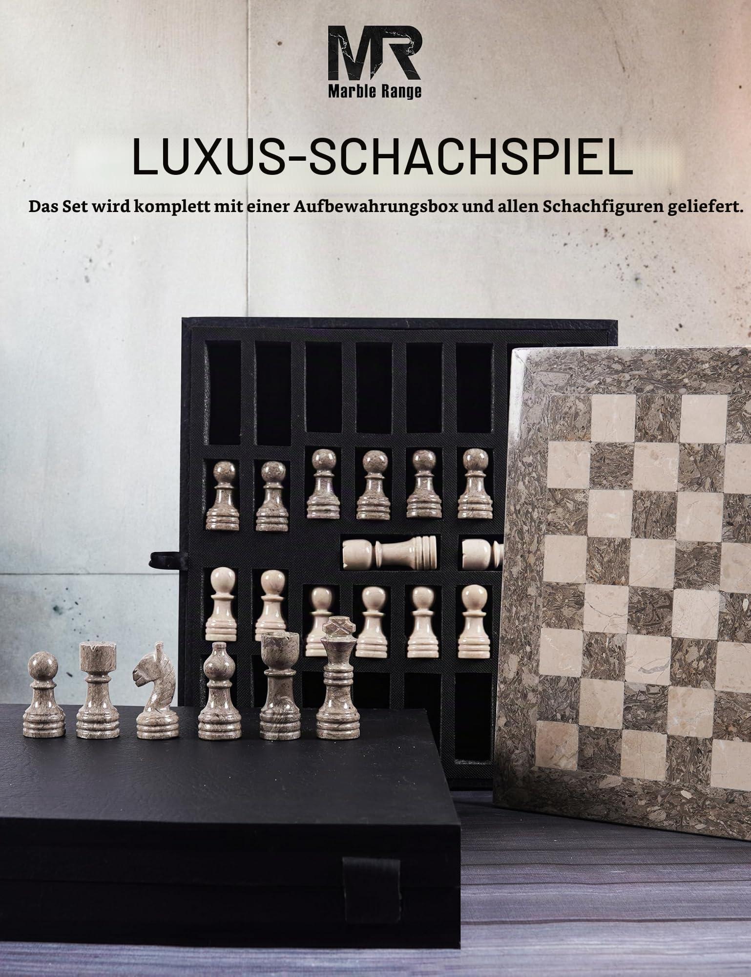 MARBLE RANGE Schachset aus Marmor, 30,5 cm, handgefertigte Modelle von Oceanic und Verona für Erwachsene, Marmor-Brettspiel für die ganze Familie mit Aufbewahrungsbox und 2 zusätzlichen Damen