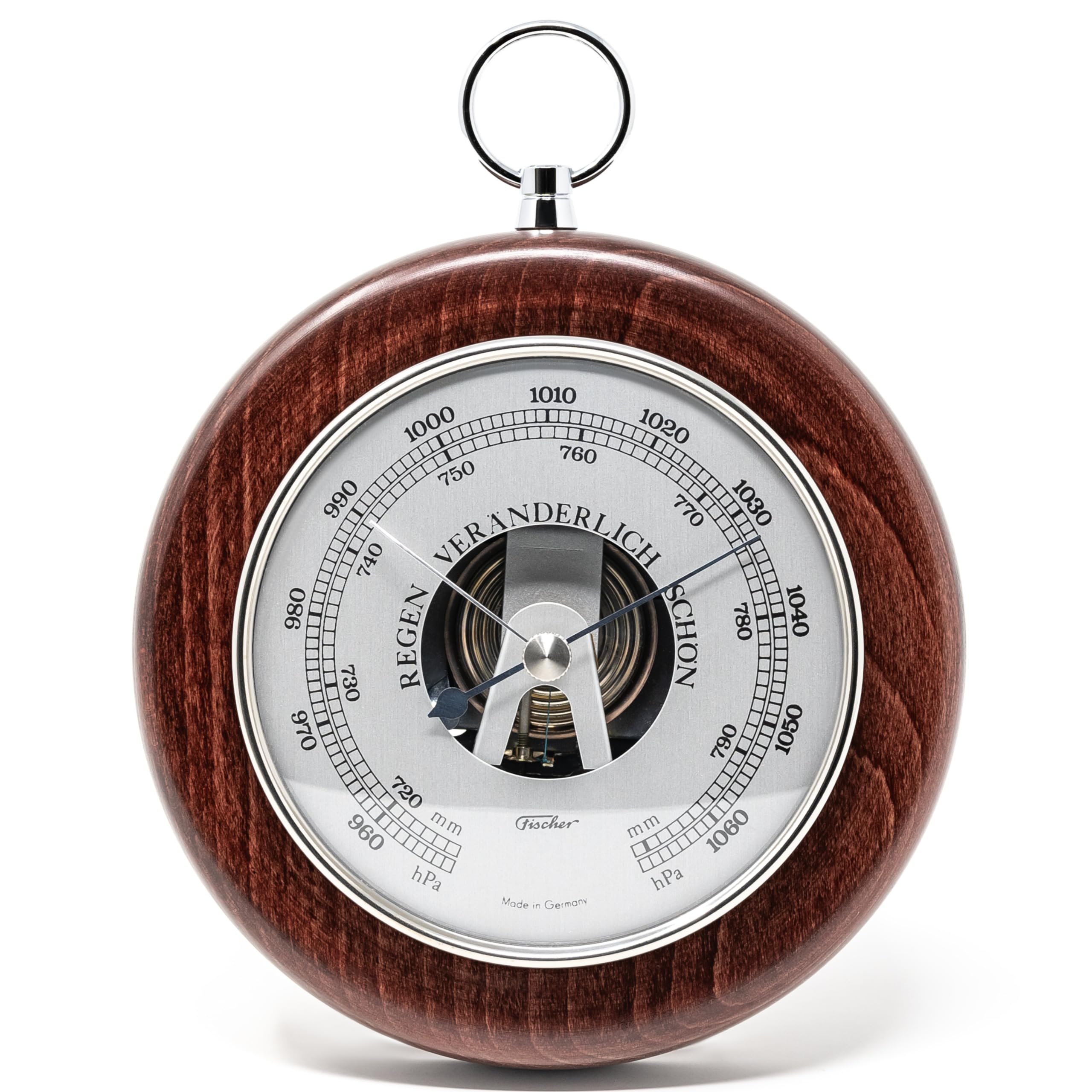 Fischer 1366RS-22 Barómetro - Medidor de presión de 140 mm con carcasa de madera teñida, color caoba - Fabricado en Alemania