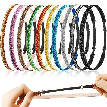 10 Pcs Glitter Non Slip Running Headbands Elastic Girls Sports Velvet Sparkly Fabric Stretchy Shiny Headbands Pack Workout Fashion Hair Accessories for Teen Girl Women Party Favors0.4 Inches/ 1 cm