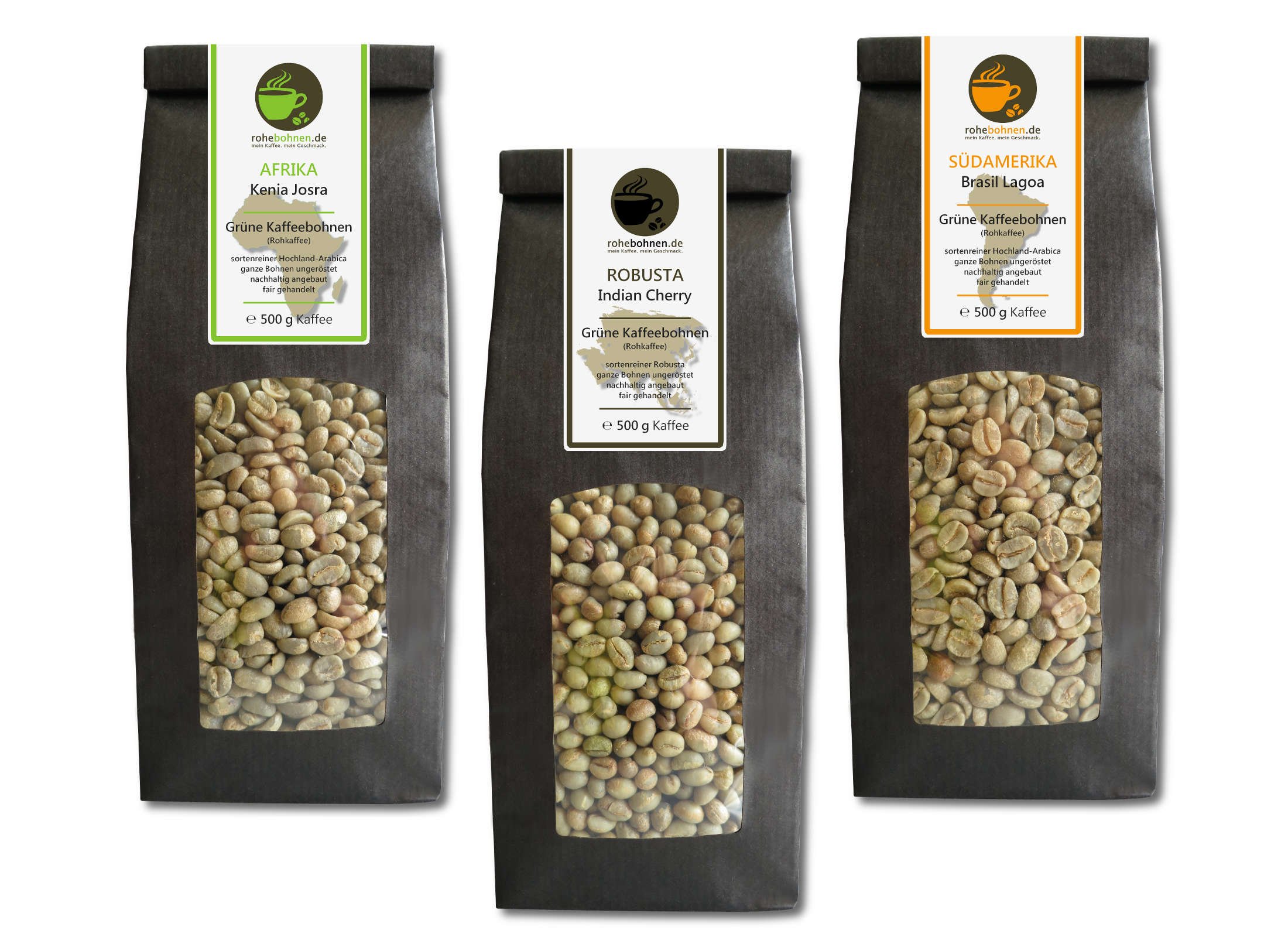 Café verde - Kenia, India, Brasil (paquete económico de granos de café verde, 3x 500 g)